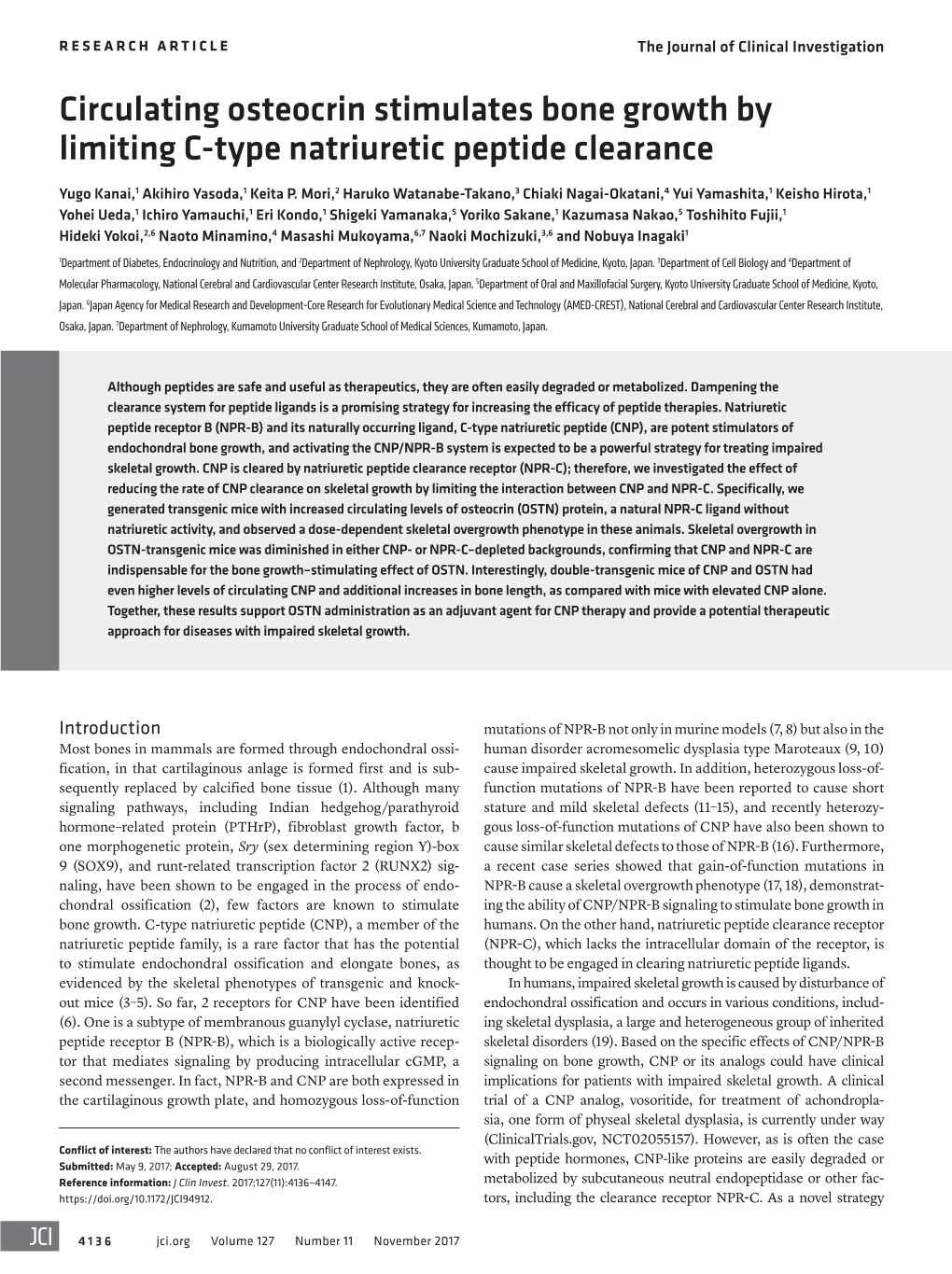 Circulating Osteocrin Stimulates Bone Growth by Limiting C-Type Natriuretic Peptide Clearance