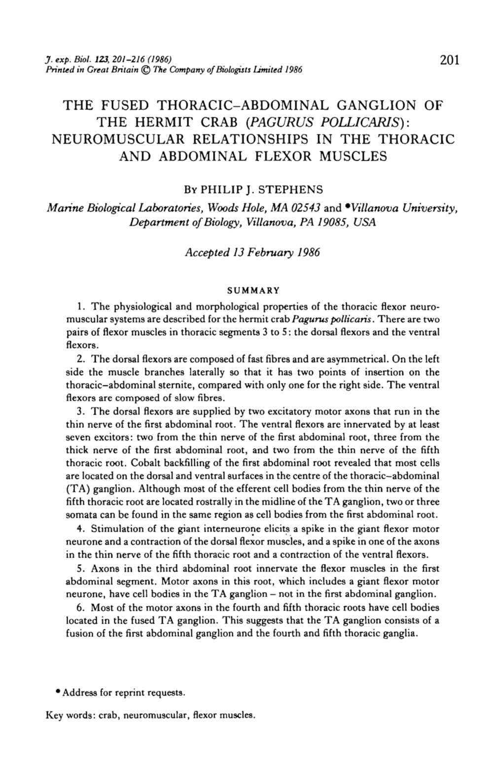 The Fused Thoracic-Abdominal Ganglion of the Hermit Crab (Pagurus Pollicaris): Neuromuscular Relationships in the Thoracic and Abdominal Flexor Muscles