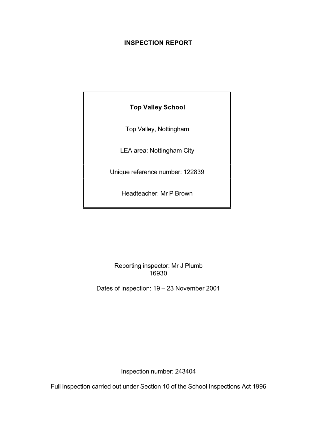 INSPECTION REPORT Top Valley School Top Valley, Nottingham LEA