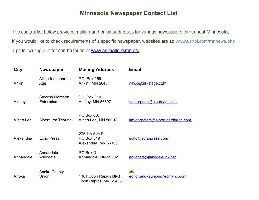 Minnesota Newspaper Contact List