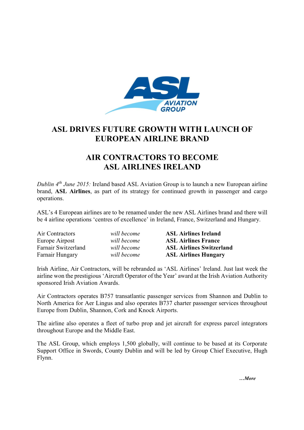 Asl Drives Future Growth with Launch of European Airline Brand