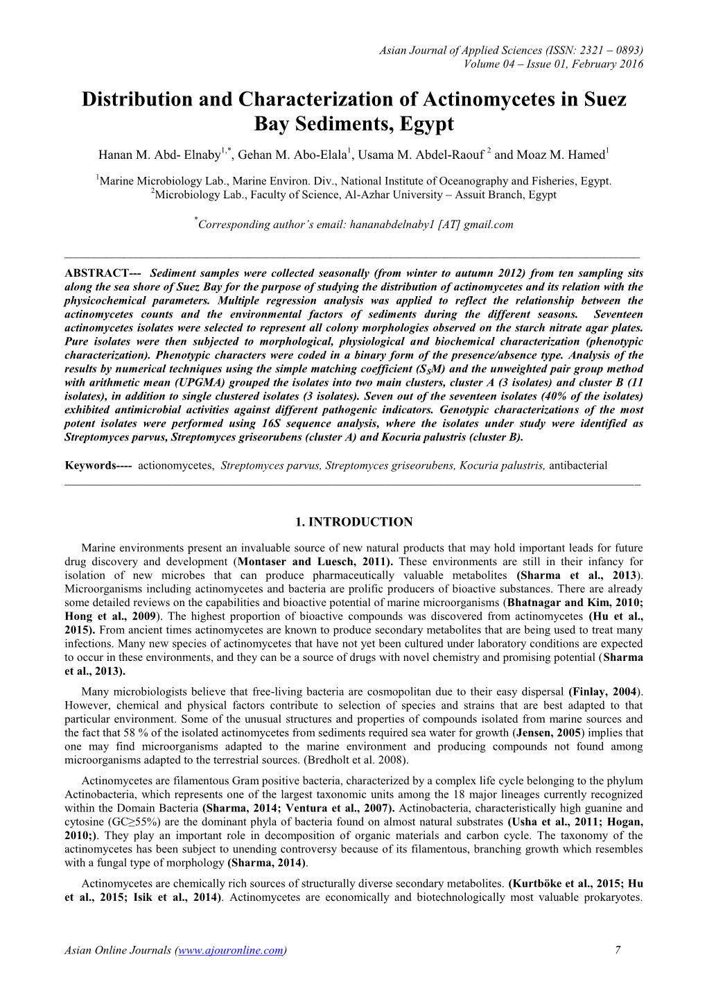 Distribution and Characterization of Actinomycetes in Suez Bay Sediments, Egypt