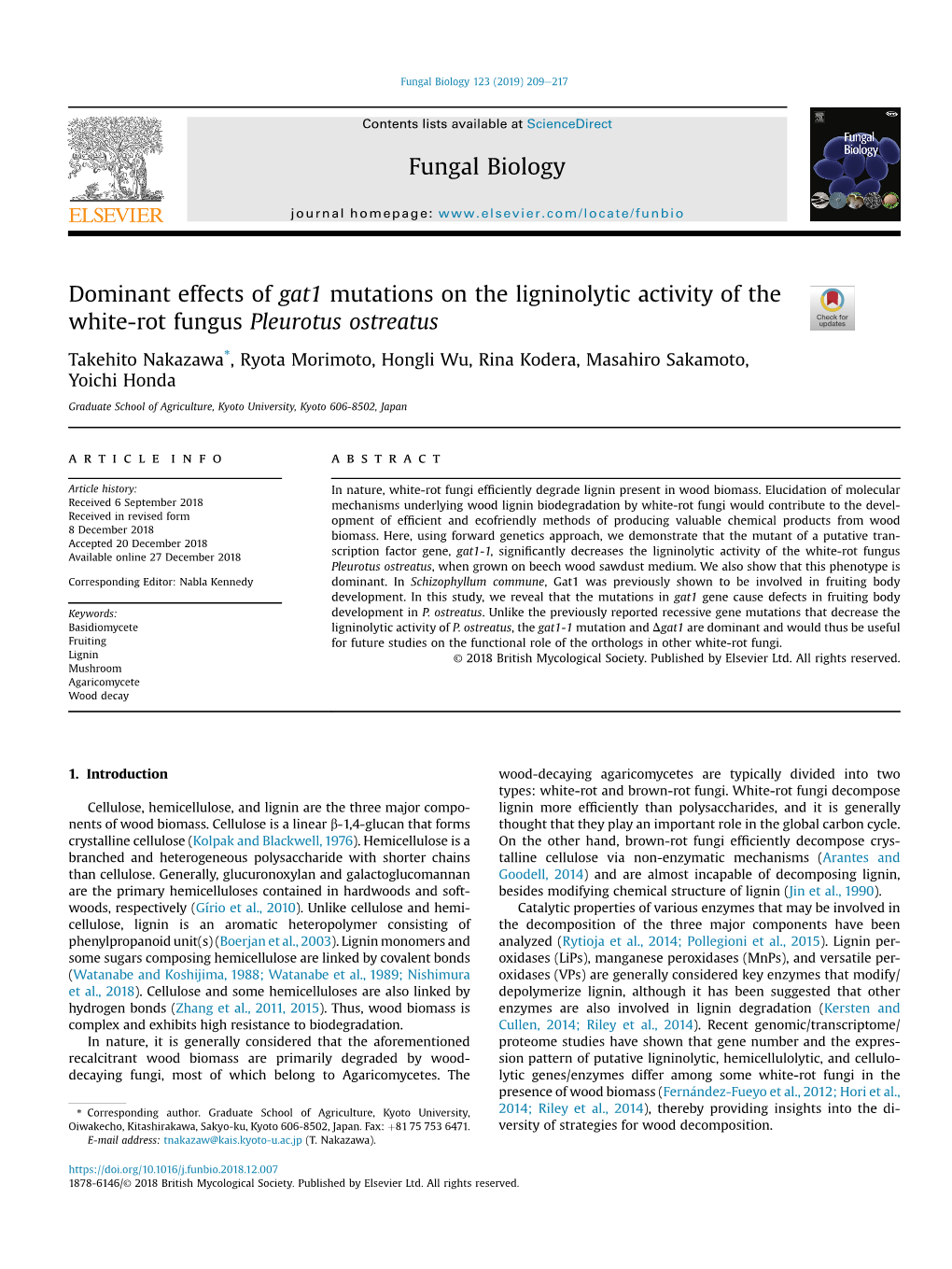 Dominant Effects of Gat1 Mutations on the Ligninolytic Activity of the White-Rot Fungus Pleurotus Ostreatus