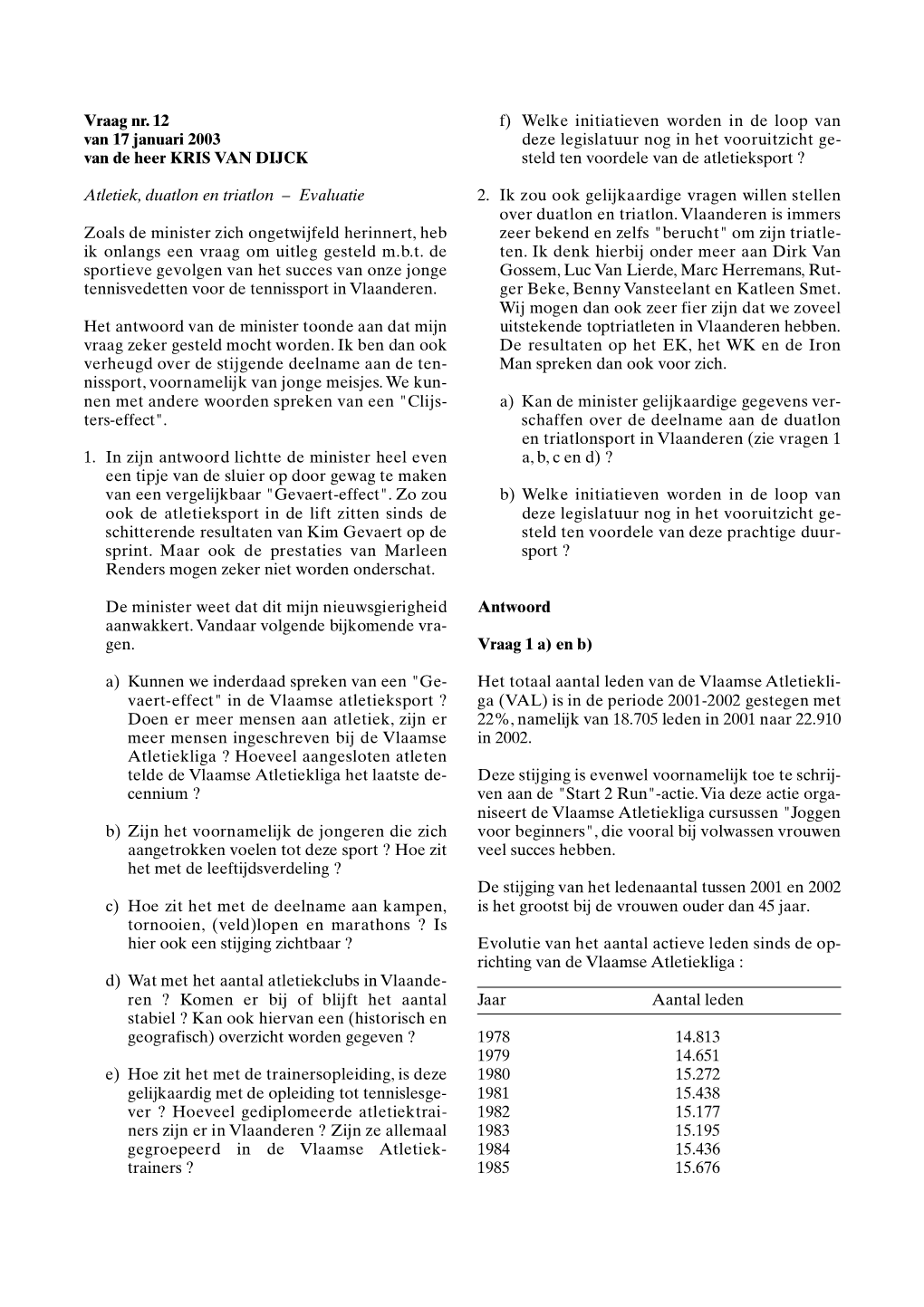 Vraag Nr. 12 Van 17 Januari 2003 Van De Heer KRIS VAN DIJCK Atletiek, Duatlon En Triatlon – Evaluatie Zoals De Minister Zich