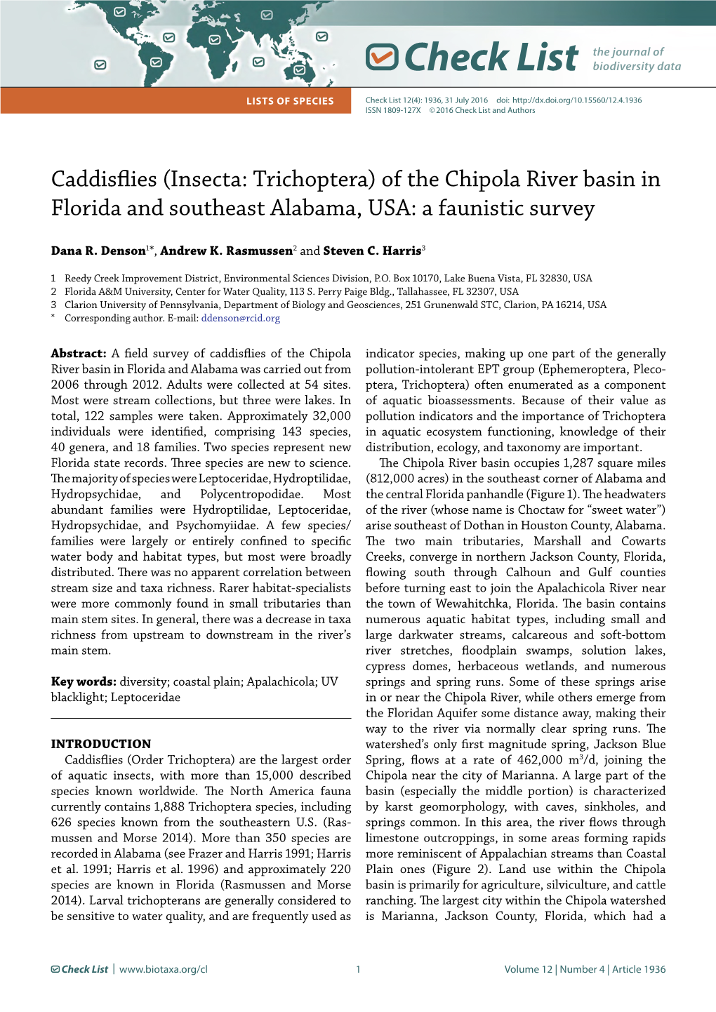 Caddisflies (Insecta: Trichoptera) of the Chipola River Basin in Florida and Southeast Alabama, USA: a Faunistic Survey