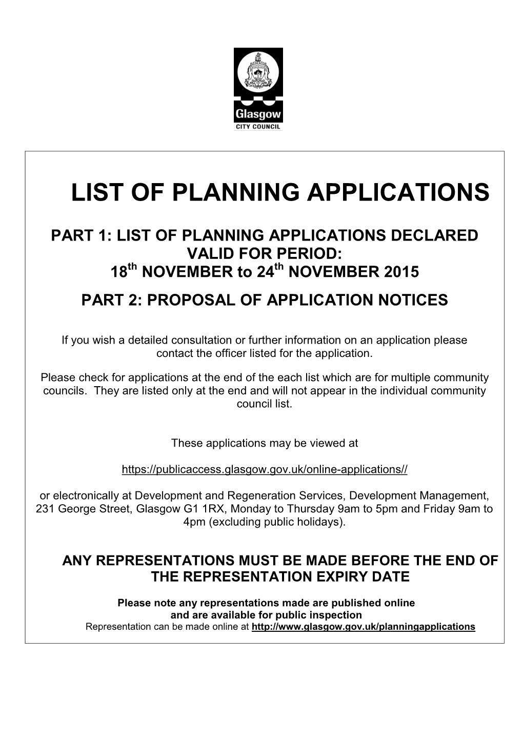 List of Planning Applications