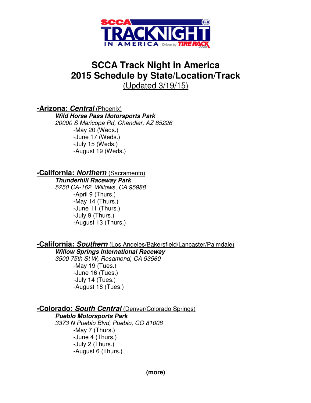 SCCA Track Night in America 2015 Schedule by State/Location/Track (Updated 3/19/15)
