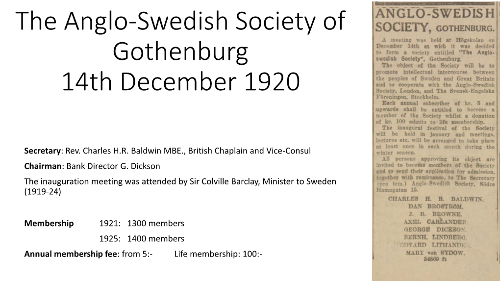 The Anglo-Swedish Society of Gothenburg 14Th December 1920