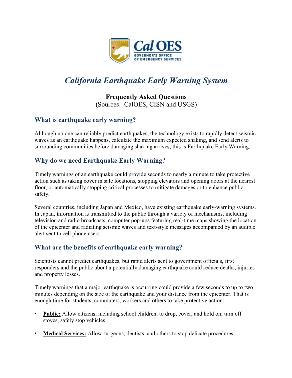 California Earthquake Early Warning System Fact Sheet