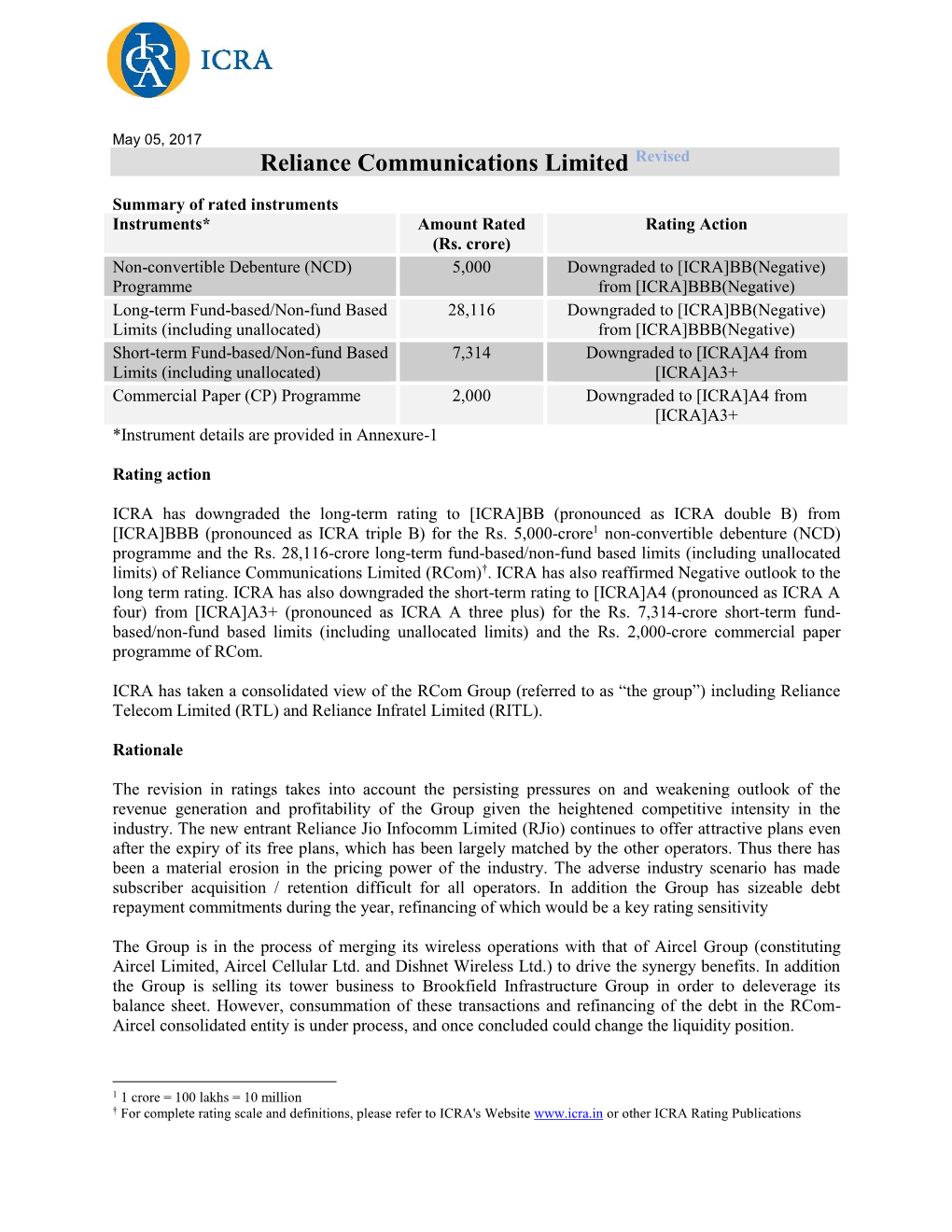 Reliance Communications Limited Revised