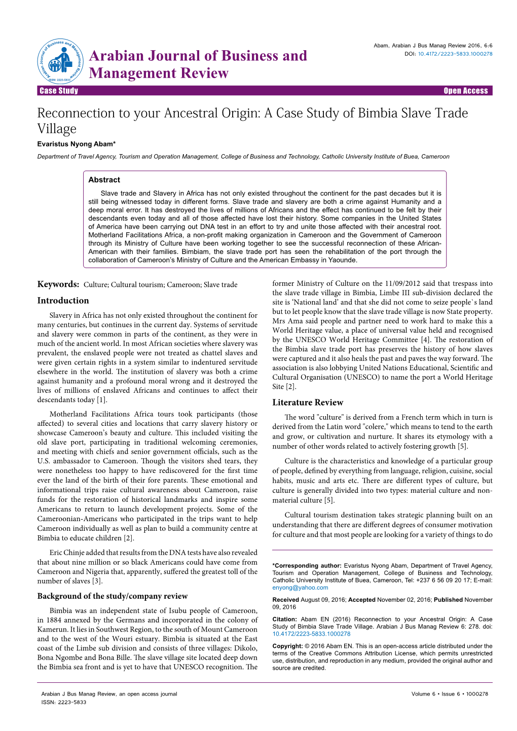 Reconnection to Your Ancestral Origin: a Case Study of Bimbia