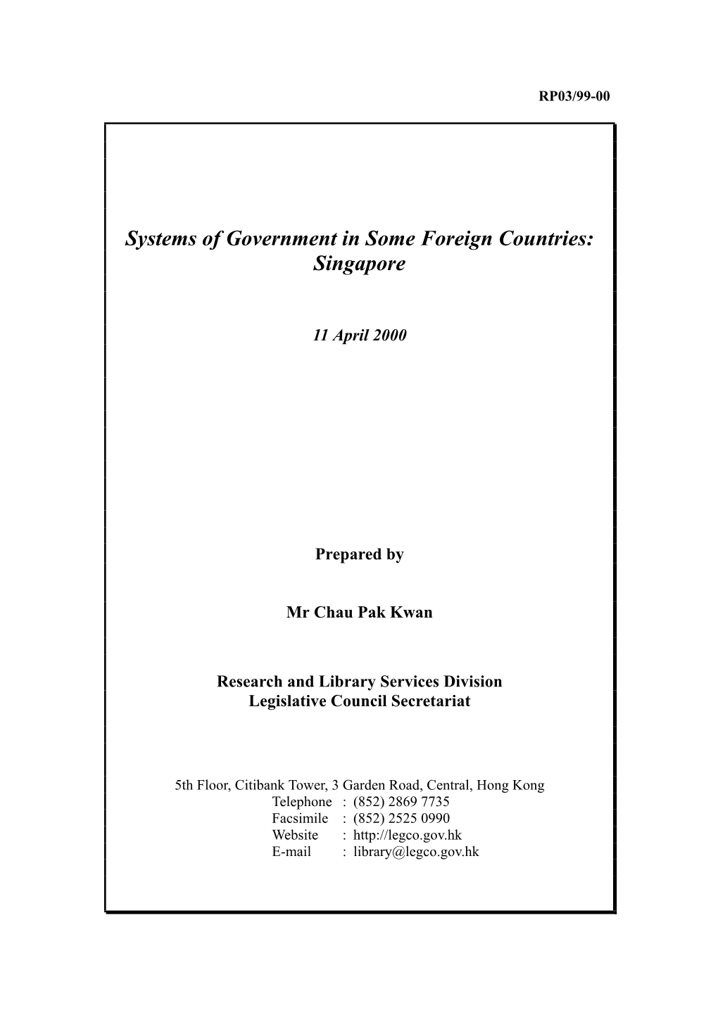 Systems of Government in Some Foreign Countries: Singapore