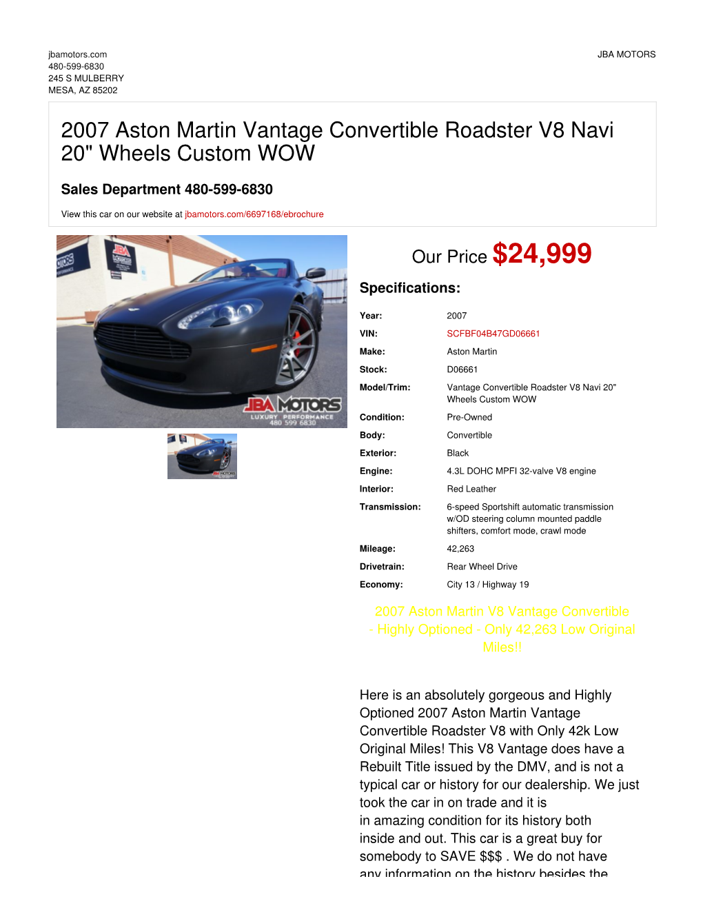 2007 Aston Martin Vantage Convertible Roadster V8 Navi 20" Wheels Custom WOW