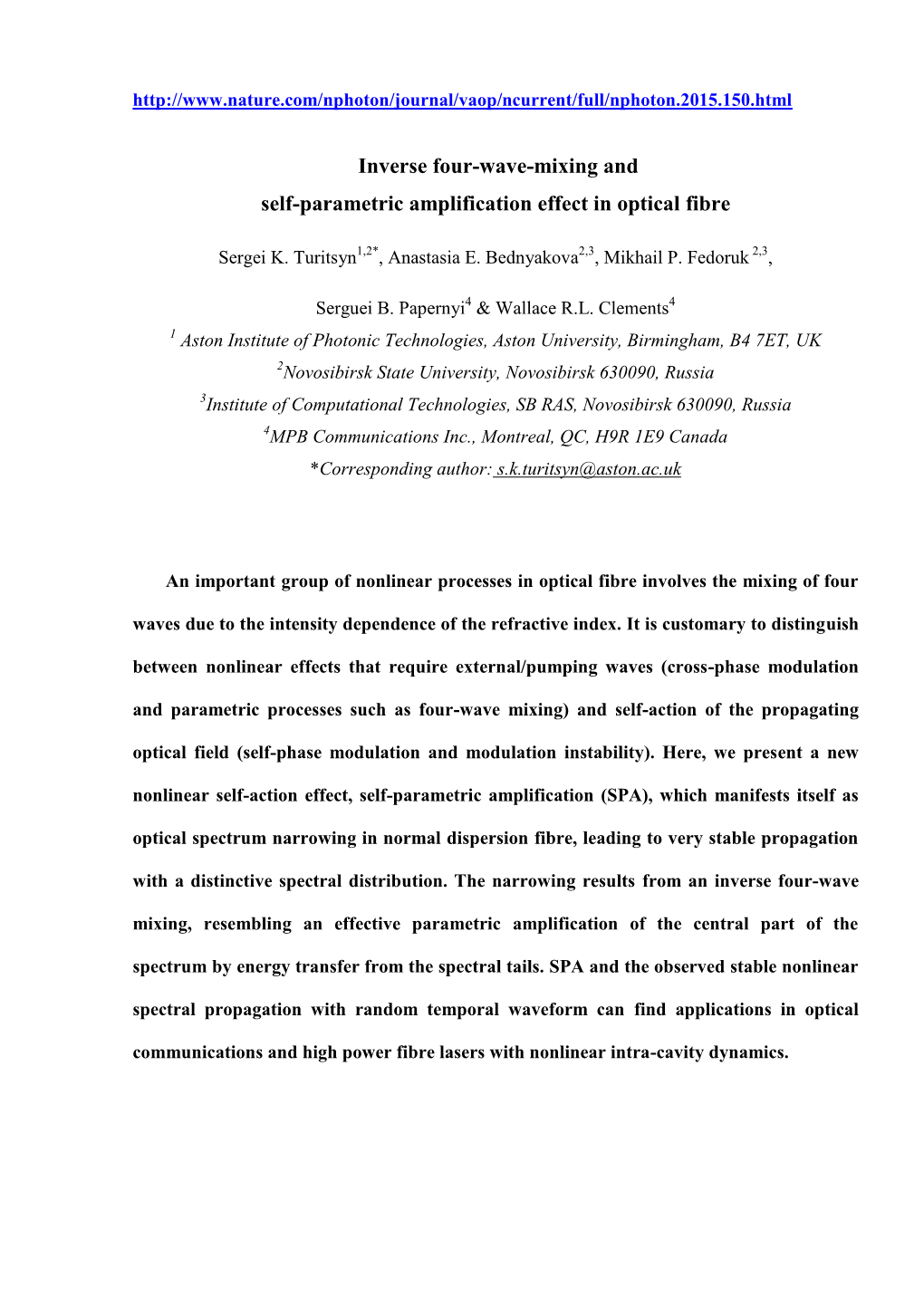 Inverse Four-Wave-Mixing and Self-Parametric Amplification Effect in Optical Fibre