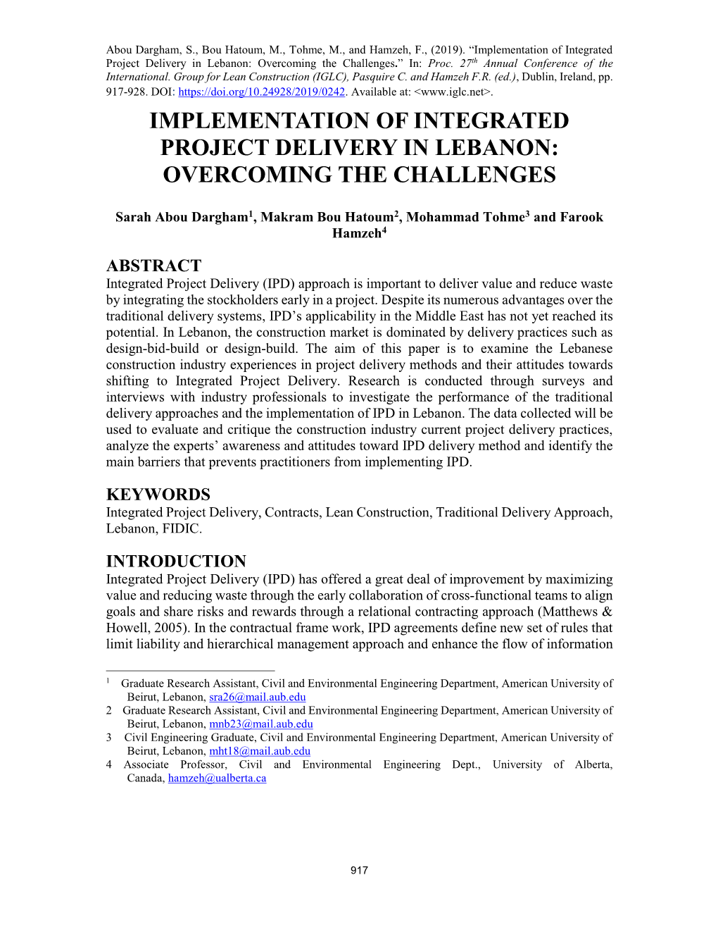 Implementation of Integrated Project Delivery in Lebanon: Overcoming the Challenges.” In: Proc