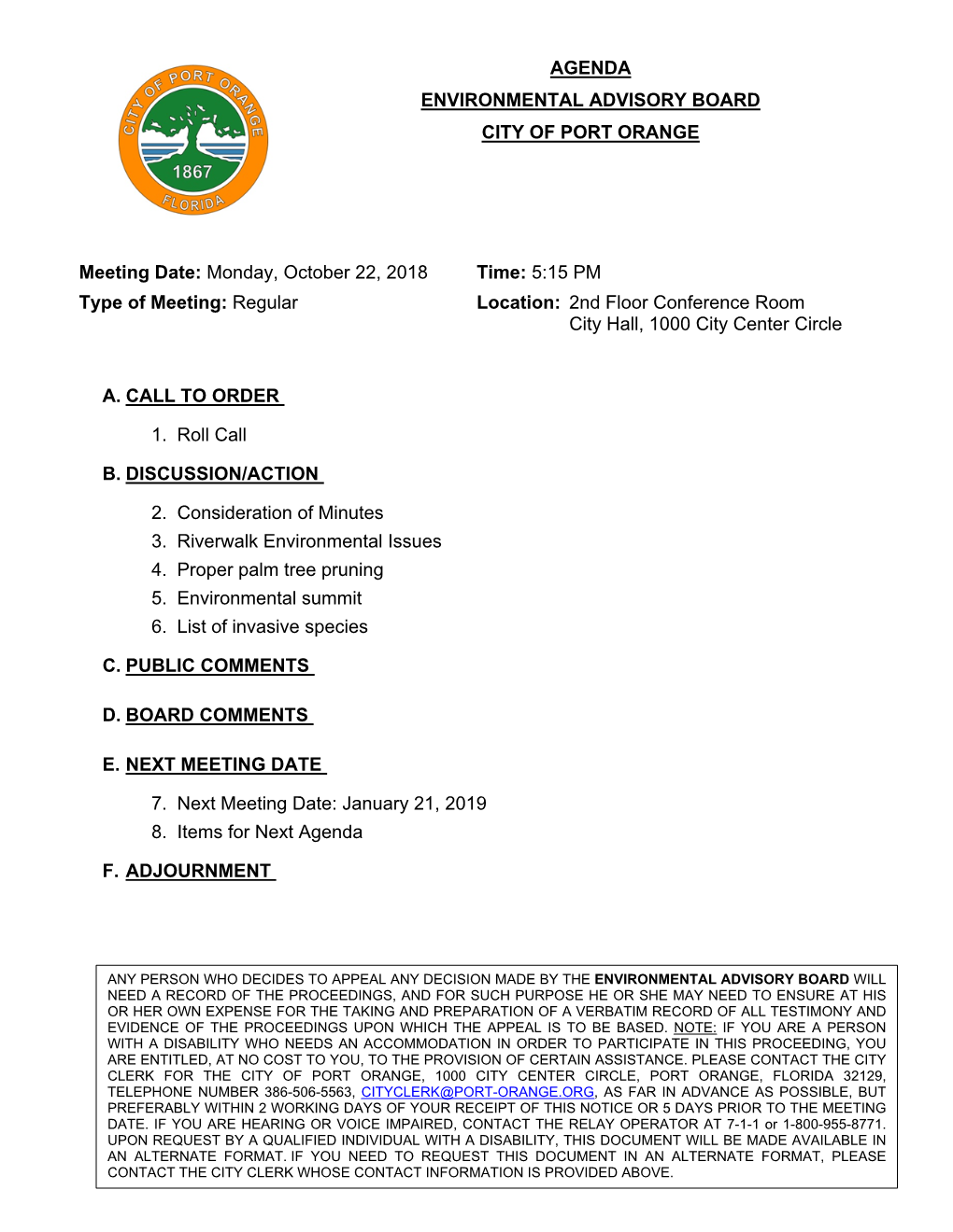 Agenda Environmental Advisory Board City of Port Orange