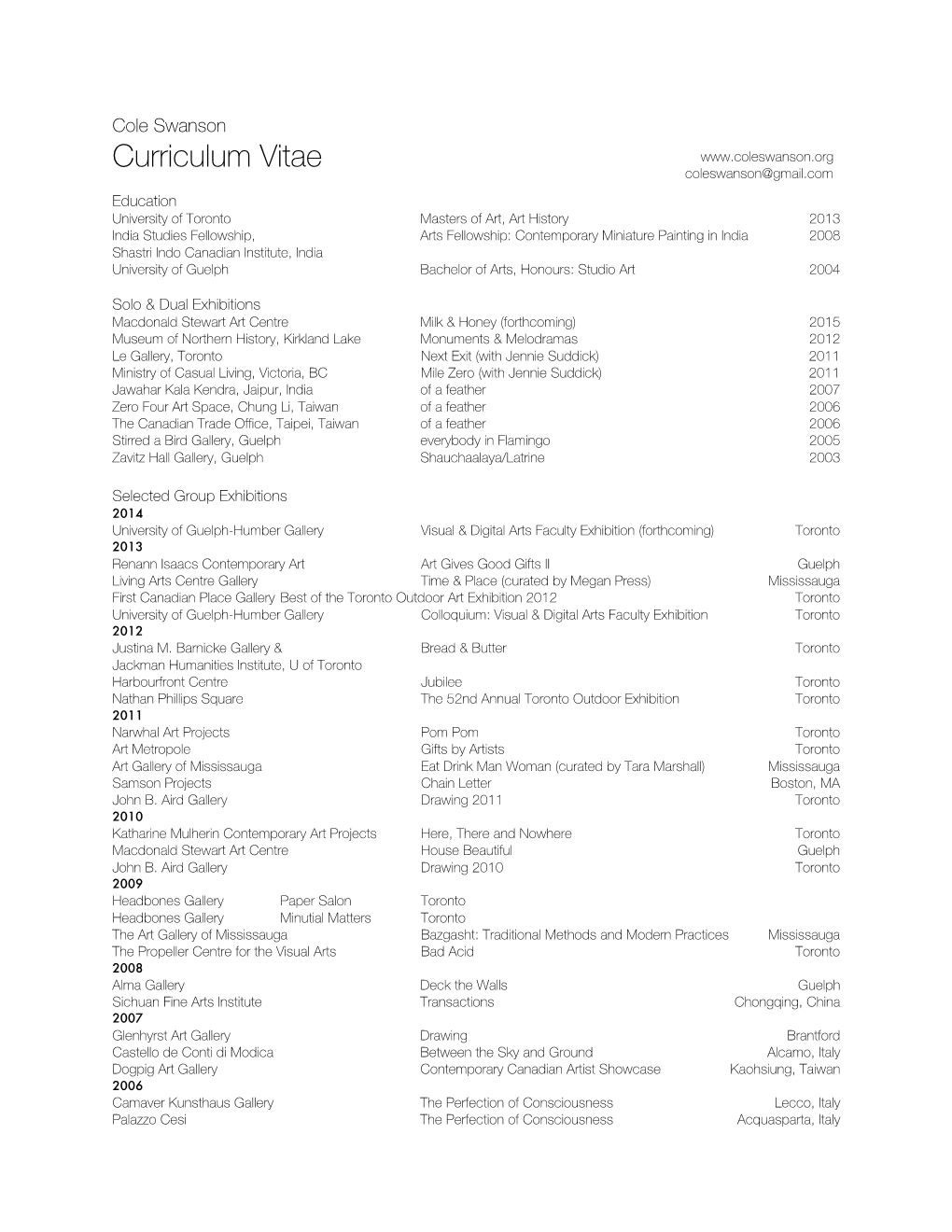 Curriculum Vitae Coleswanson@Gmail.Com