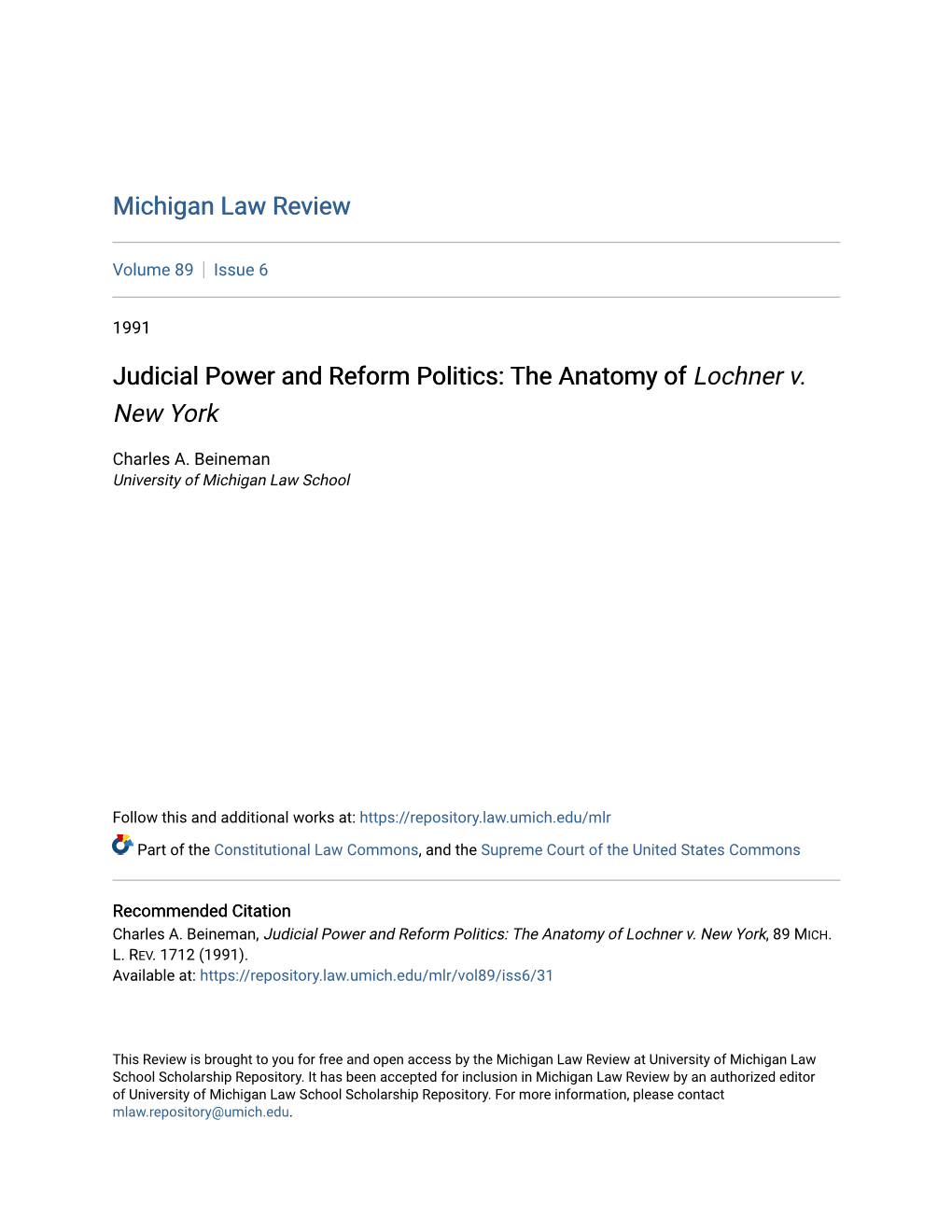 Judicial Power and Reform Politics: the Anatomy of Lochner V