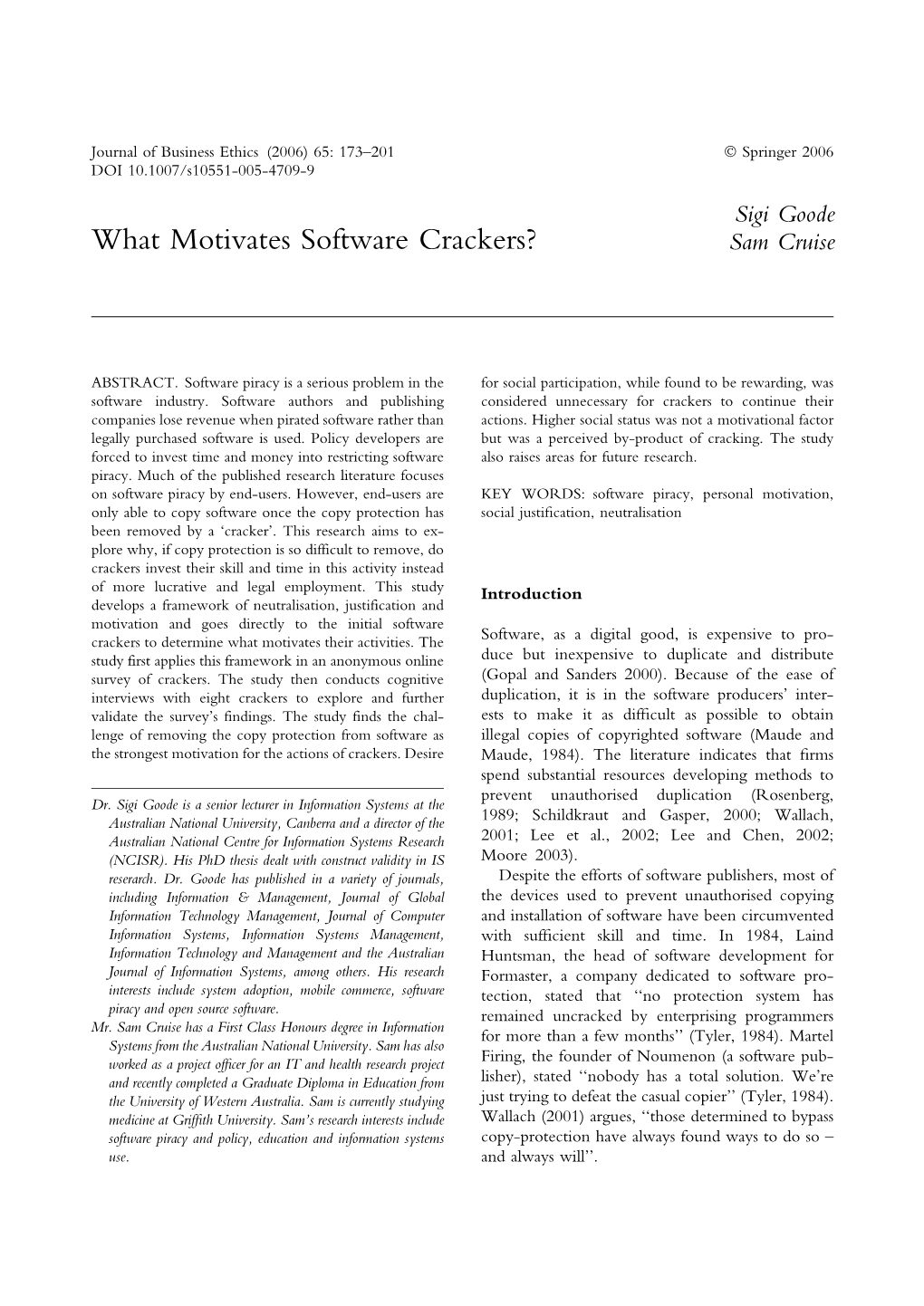 What Motivates Software Crackers? Sam Cruise