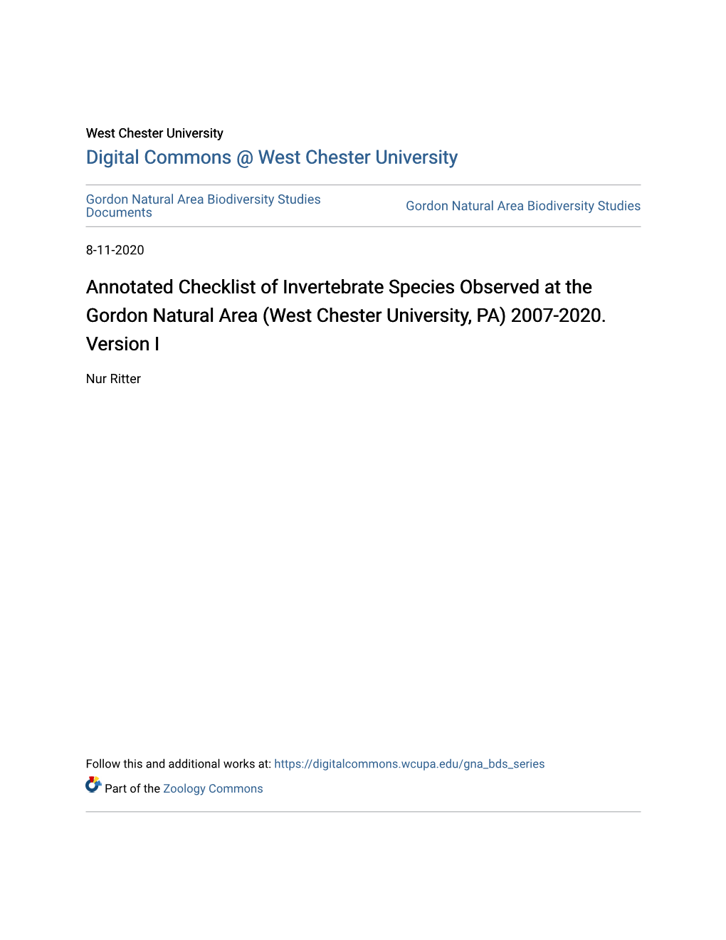 Annotated Checklist of Invertebrate Species Observed at the Gordon Natural Area (West Chester University, PA) 2007-2020