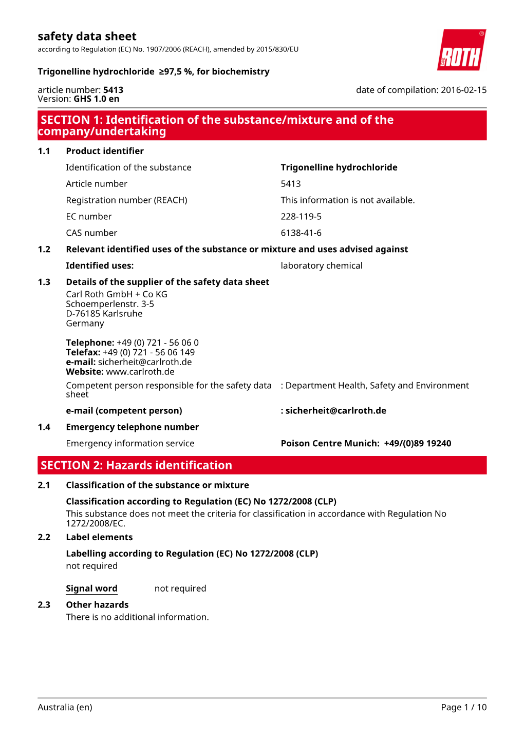 Safety Data Sheet: Trigonelline Hydrochloride