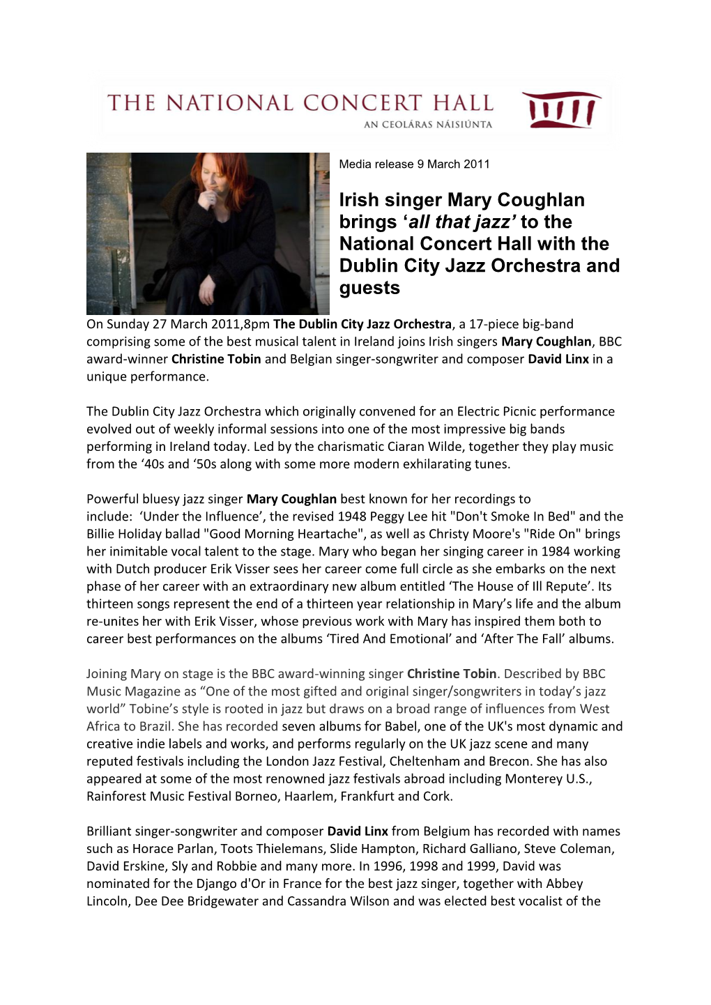 Irish Singer Mary Coughlan Brings 'All That Jazz' to the National Concert