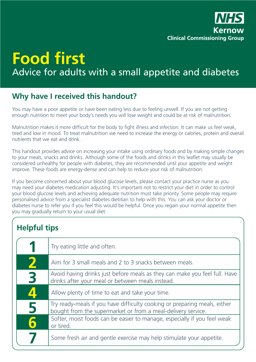 Food First Advice for Adults with a Small Appetite and Diabetes