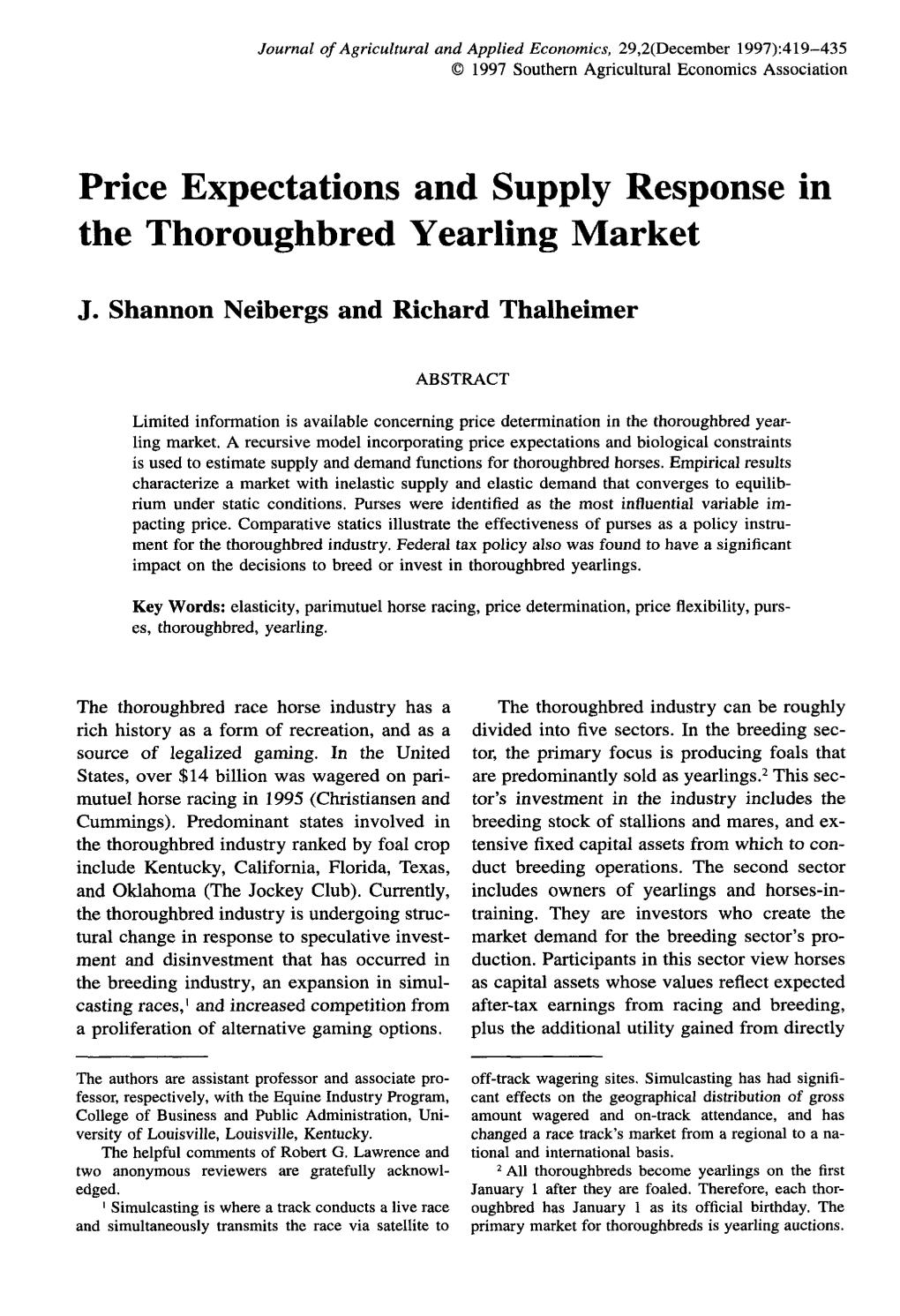 Price Expectations and Supply Response in the Thoroughbred Yearling Market