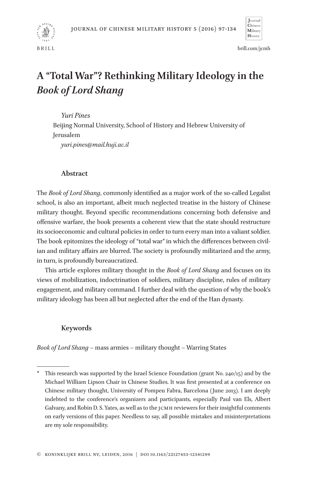 A “Total War”? Rethinking Military Ideology in the Book of Lord Shang