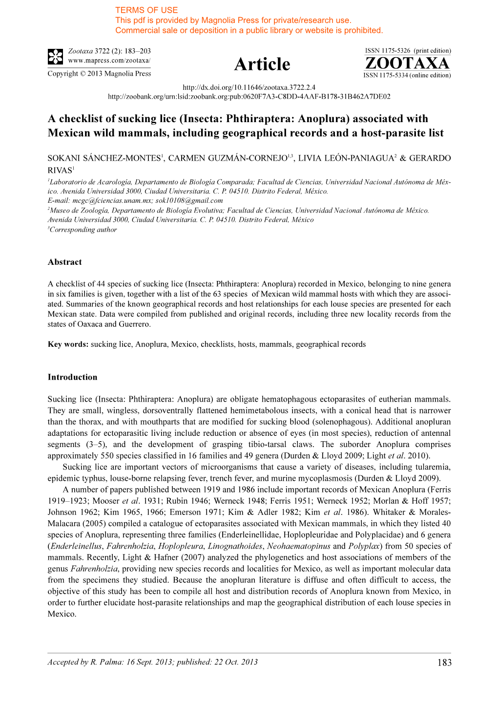 A Checklist of Sucking Lice (Insecta: Phthiraptera: Anoplura) Associated with Mexican Wild Mammals, Including Geographical Records and a Host-Parasite List