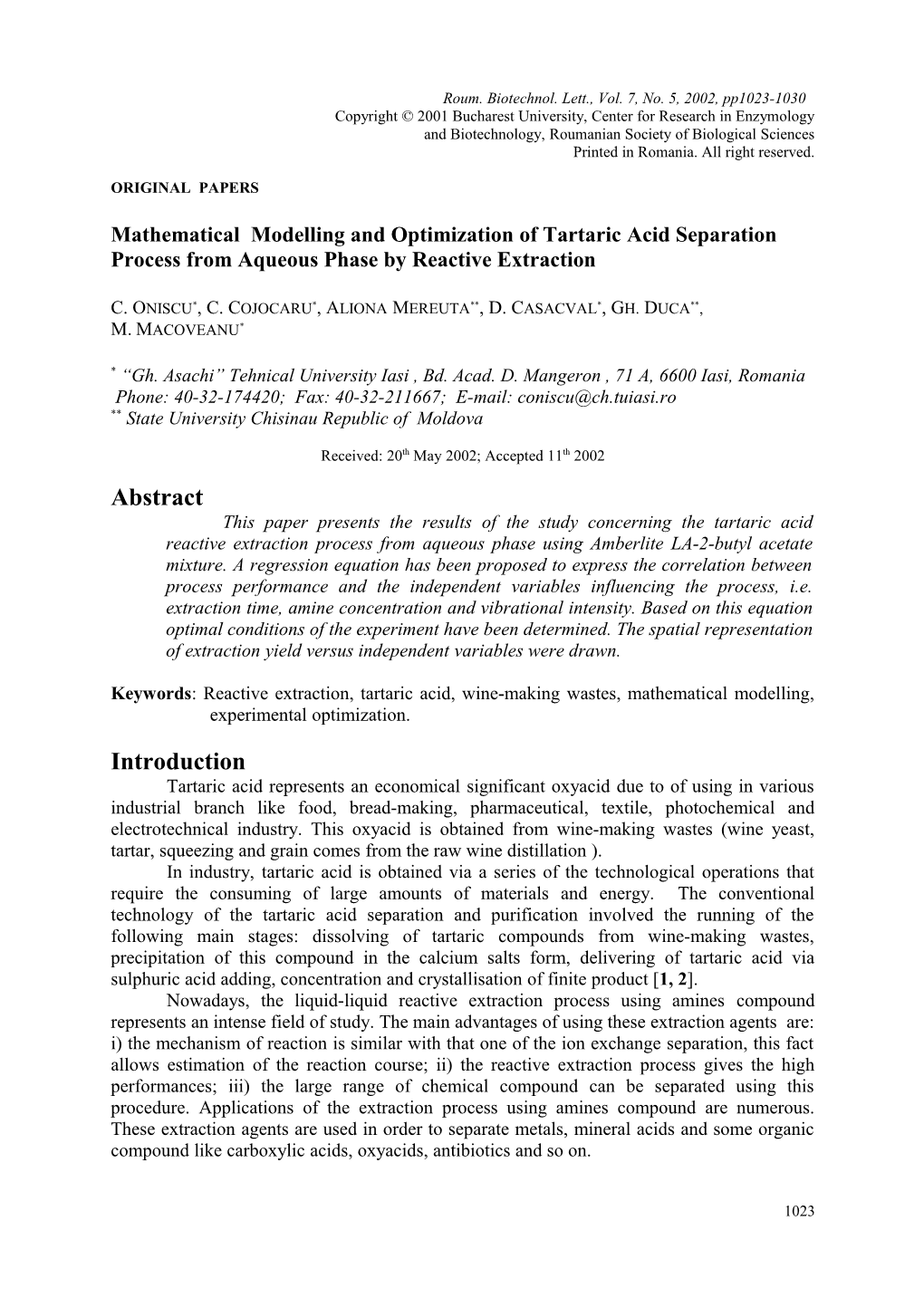 Modelling and Optimization of Tartaric Acid Reactive Extraction from Aqua Phase