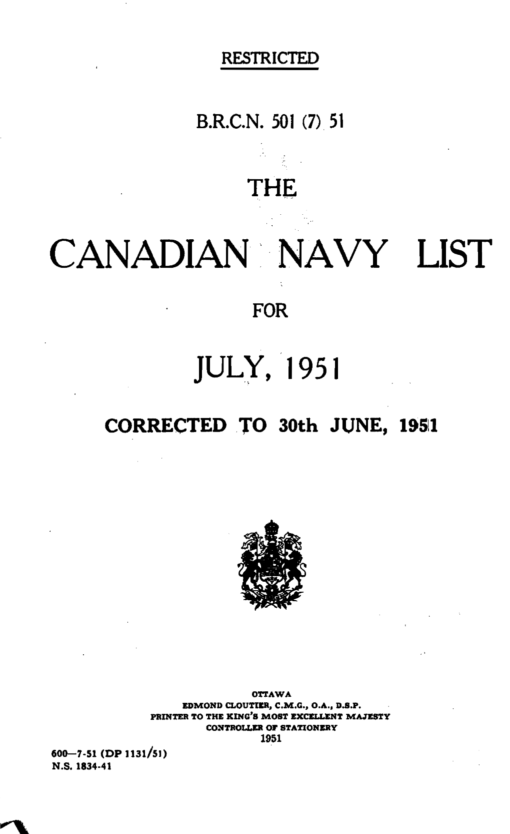 Canadian'.Navy List July, ·1951