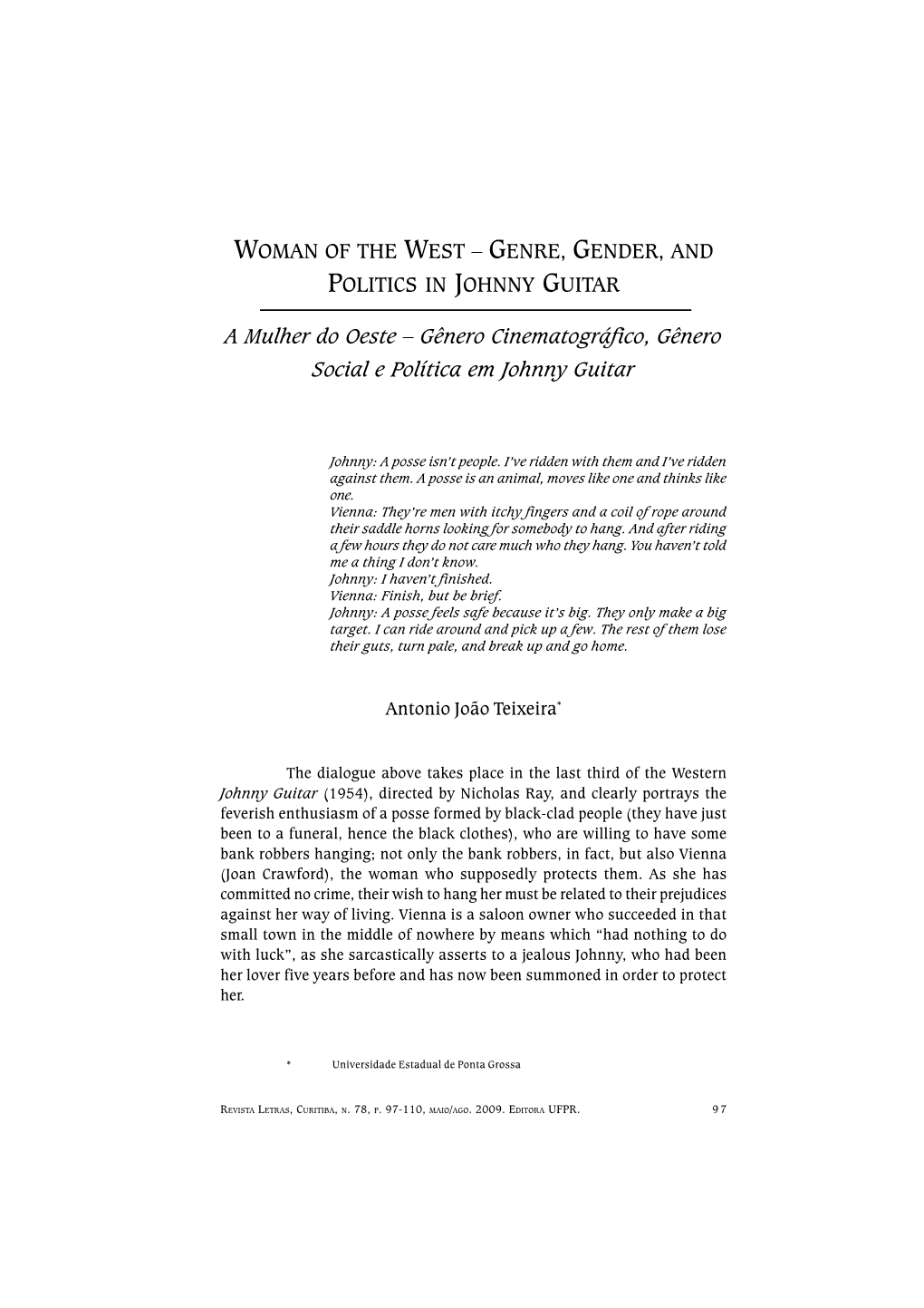 Woman of the West –– Genre, Gender, and Politics in Johnny Guitar