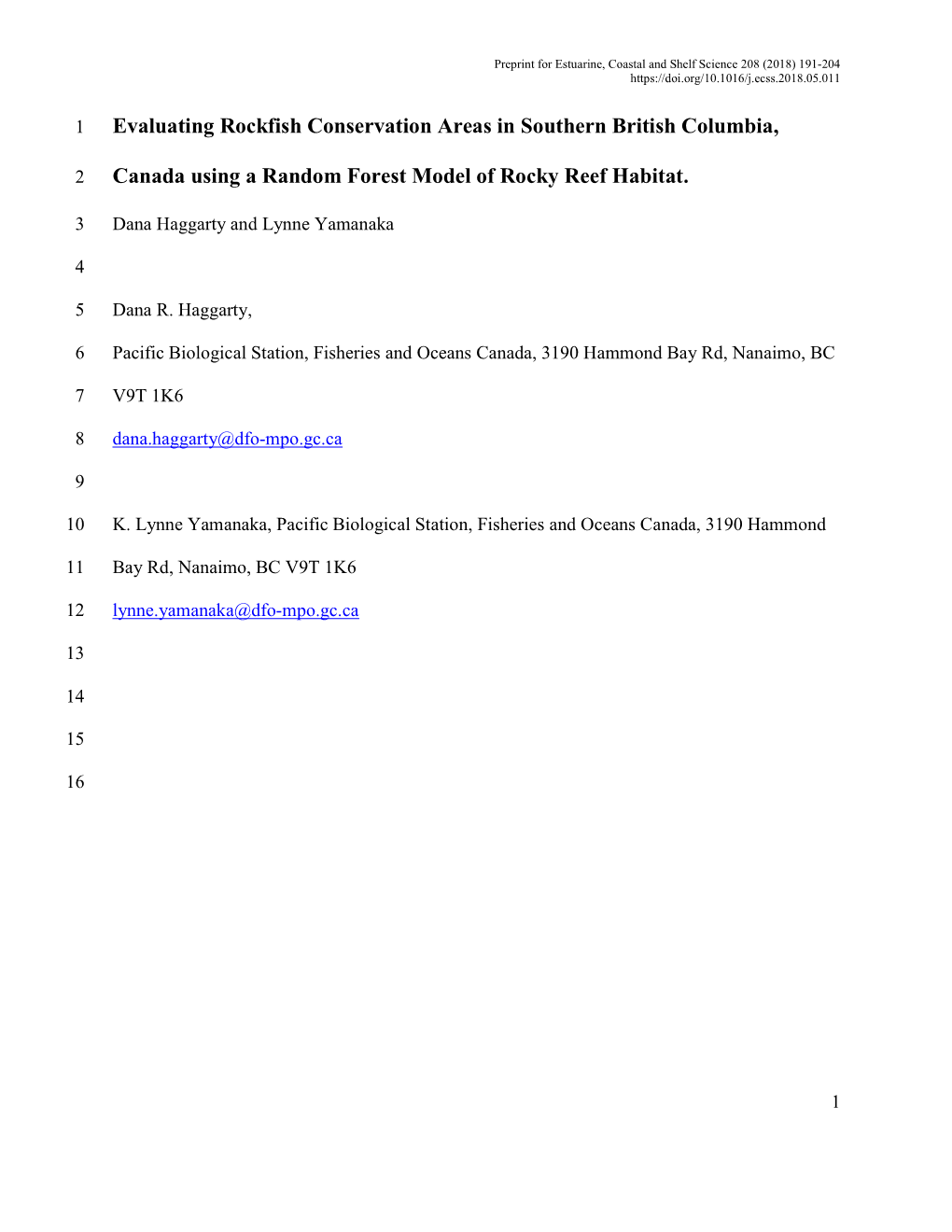 Evaluating Rockfish Conservation Areas in Southern British Columbia, Canada Using a Random Forest Model of Rocky Reef Habitat