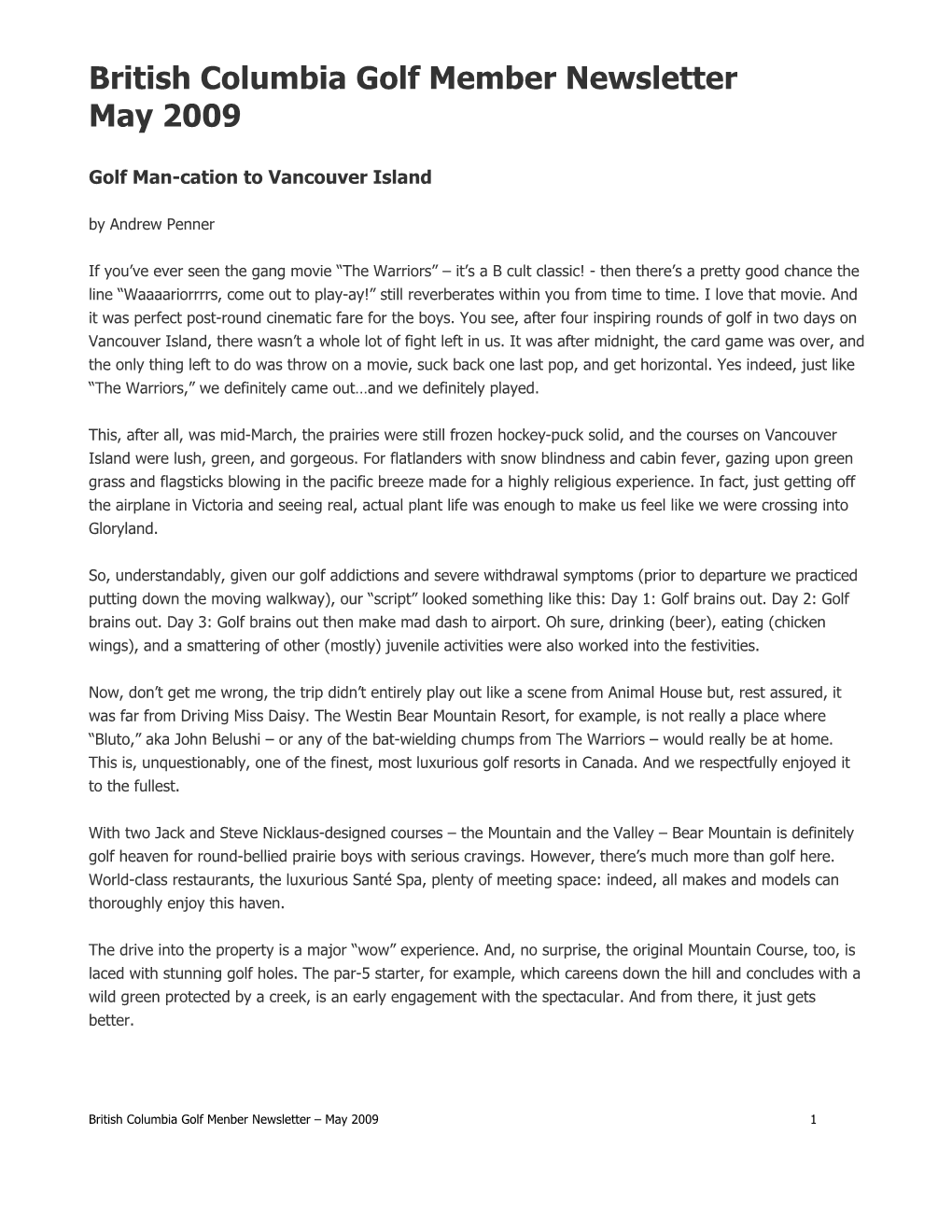 British Columbia Golf Member Newsletter May 2009