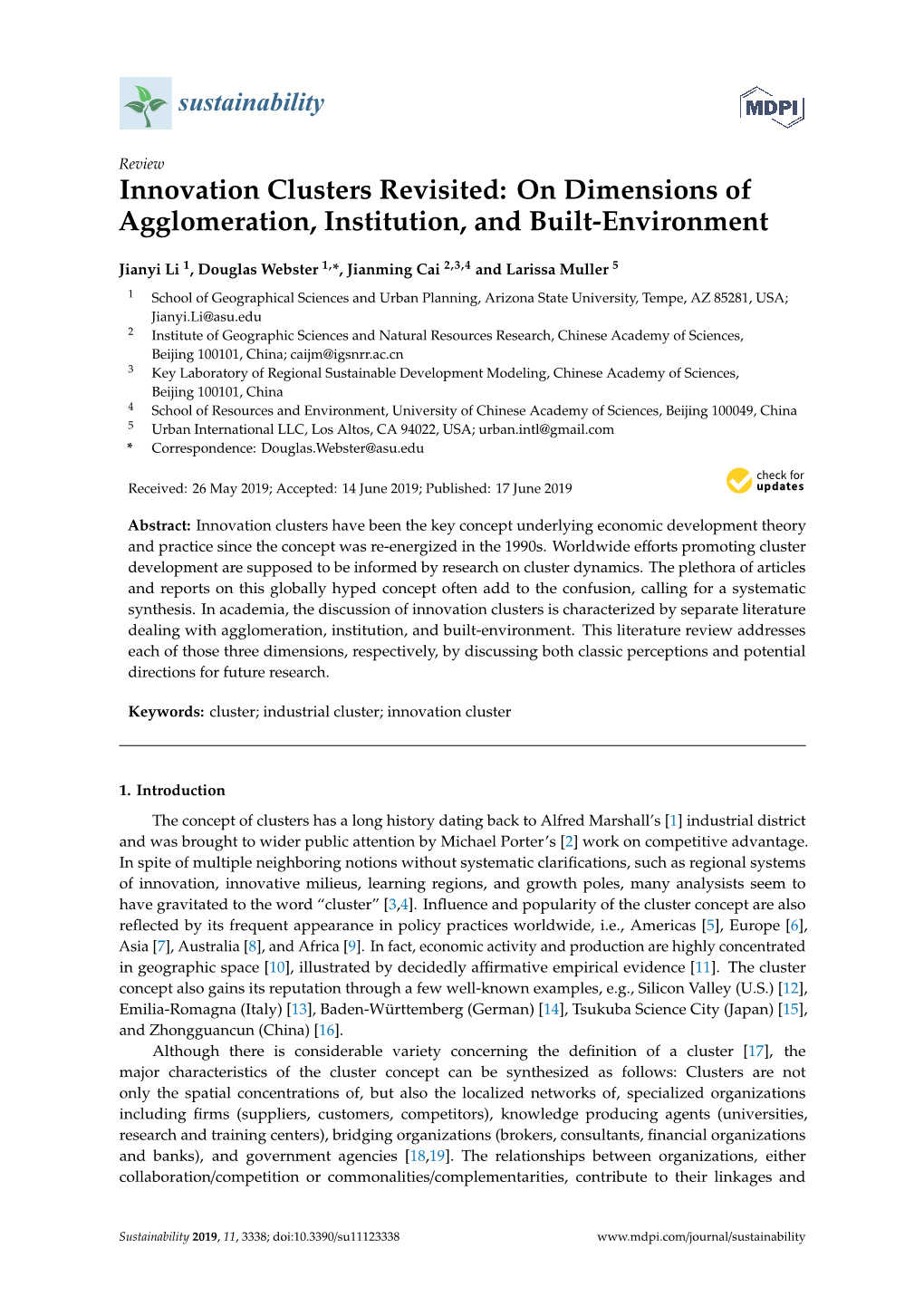 Innovation Clusters Revisited: on Dimensions of Agglomeration, Institution, and Built-Environment
