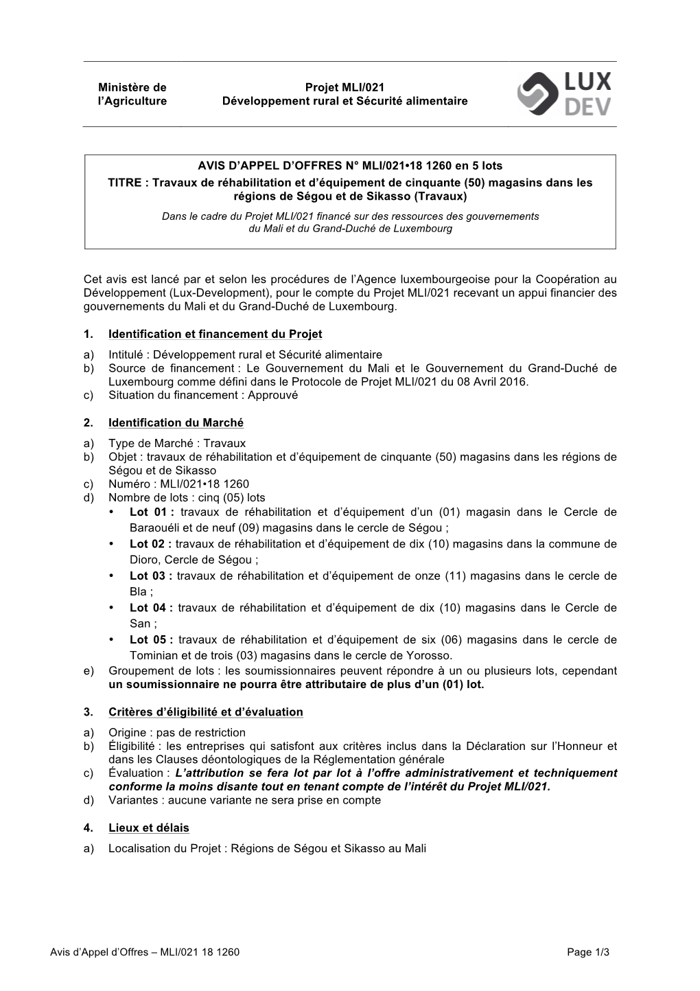 Ministère De L'agriculture Projet MLI/021 Développement Rural Et Sécurité Alimentaire AVIS D'appel D'offres N° MLI/02