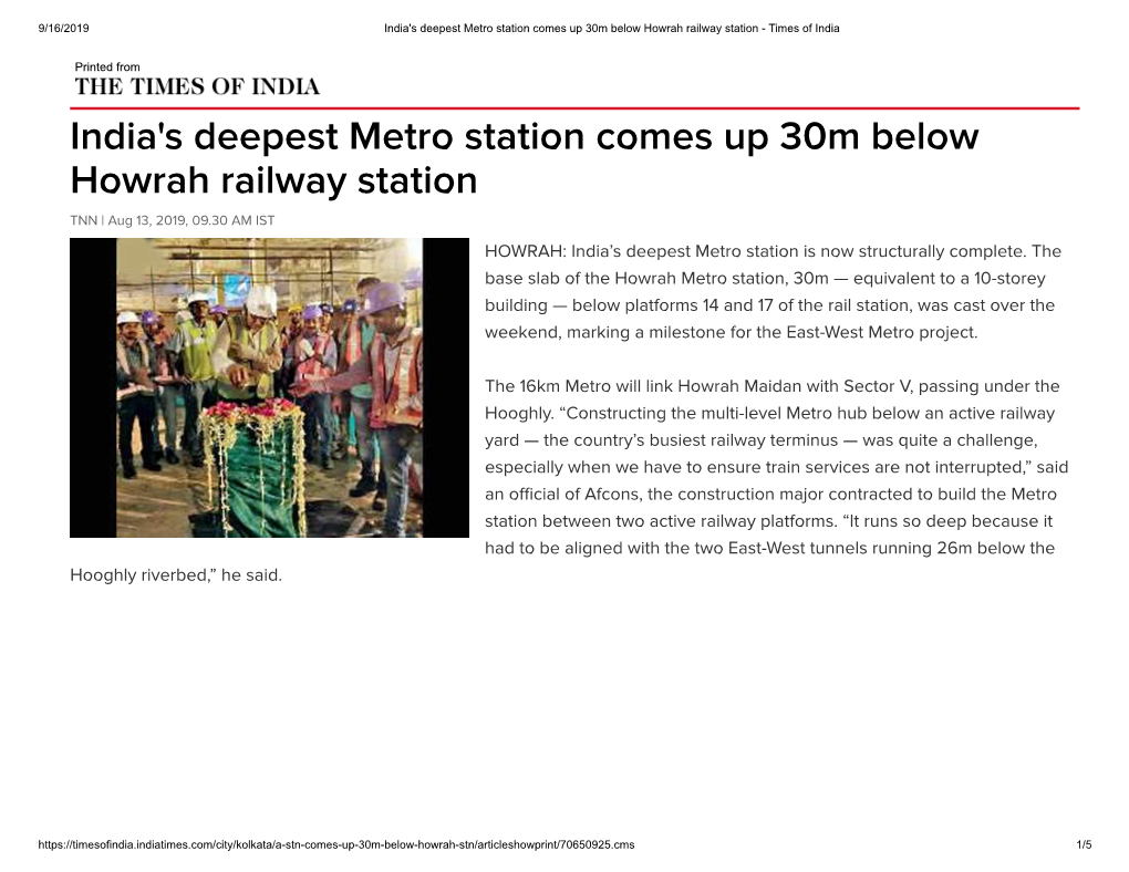 India's Deepest Metro Station Comes up 30M Below Howrah Railway Station - Times of India