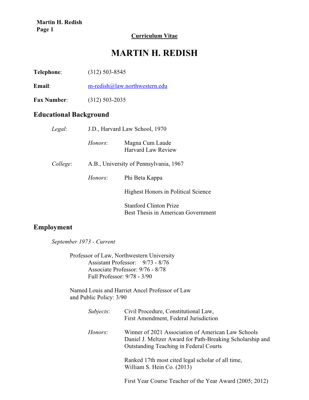 Martin H. Redish Page 1 Curriculum Vitae