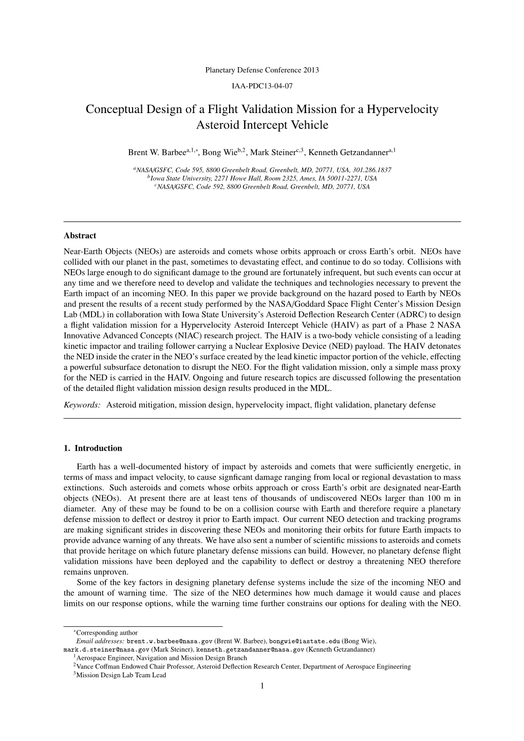 Conceptual Design of a Flight Validation Mission for a Hypervelocity Asteroid Intercept Vehicle