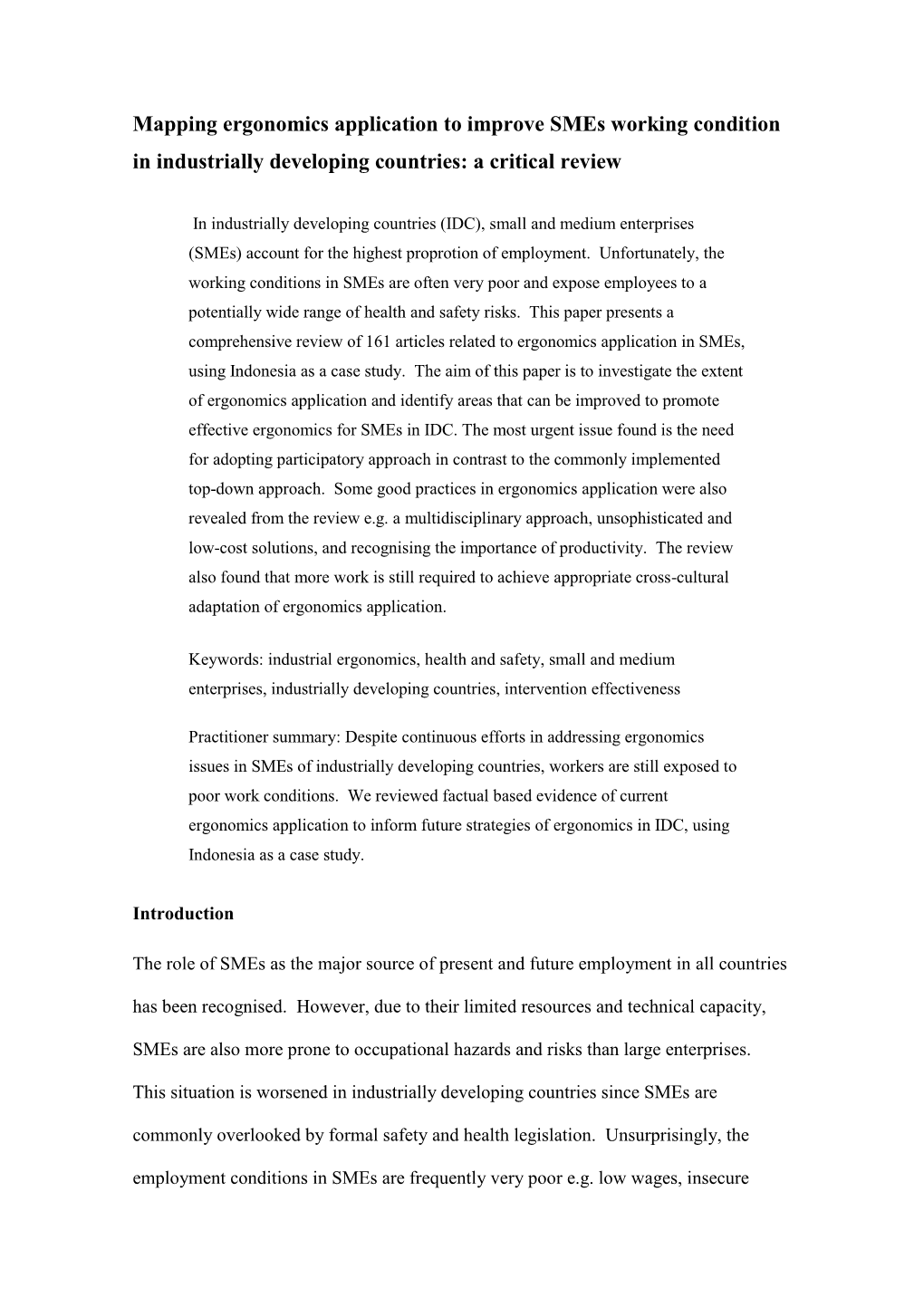 Mapping Ergonomics Application to Improve Smes Working Condition in Industrially Developing Countries: a Critical Review