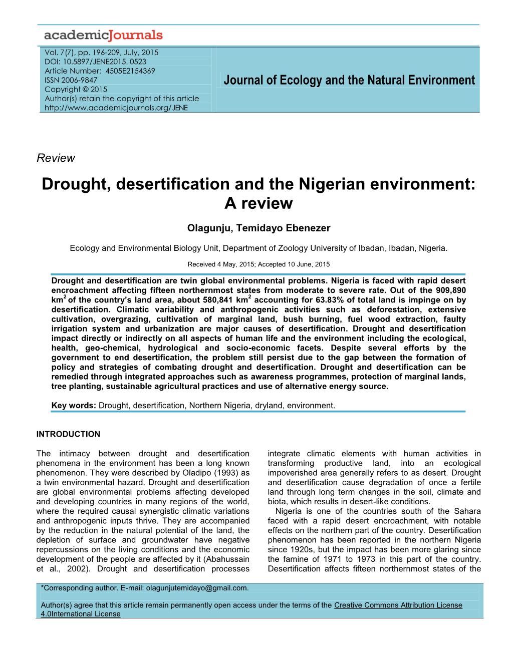 Drought, Desertification and the Nigerian Environment: a Review