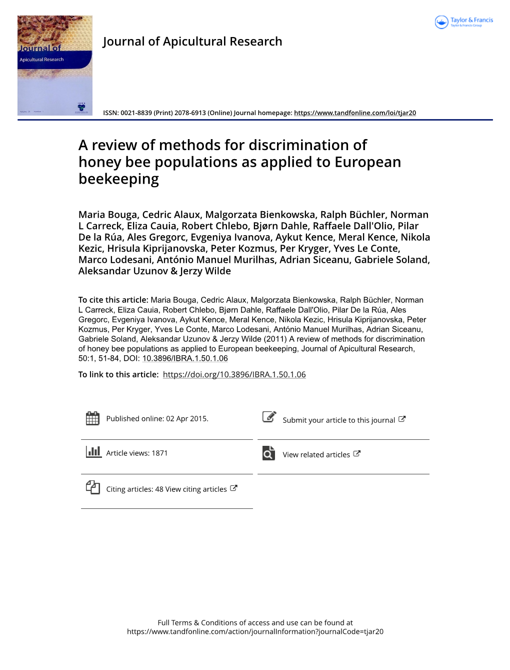 A Review of Methods for Discrimination of Honey Bee Populations As Applied to European Beekeeping