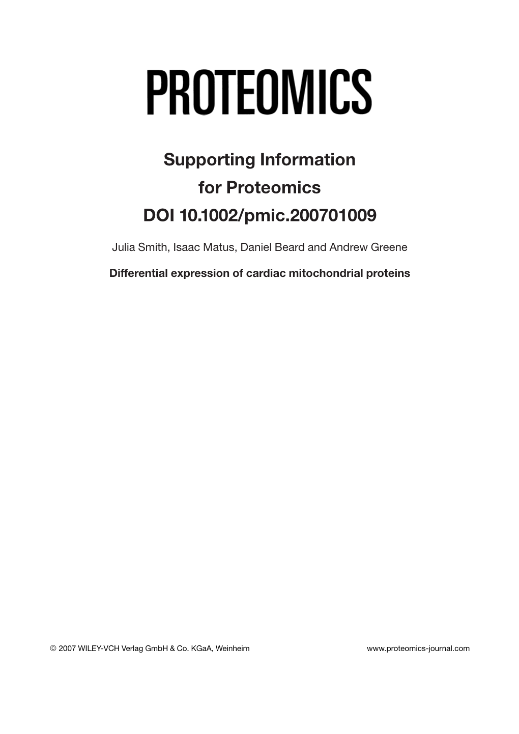 Supporting Information for Proteomics DOI 10.1002/Pmic.200701009