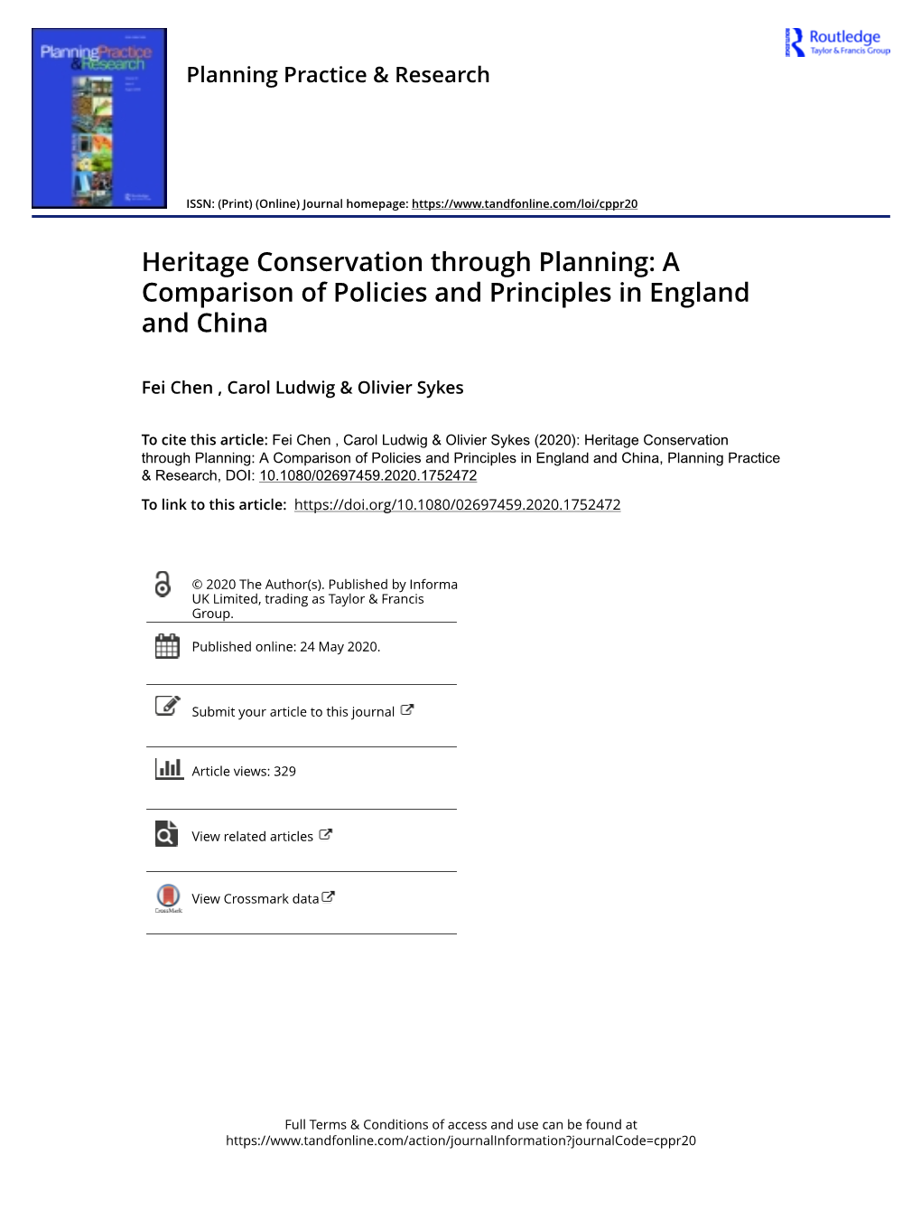 Heritage Conservation Through Planning: a Comparison of Policies and Principles in England and China