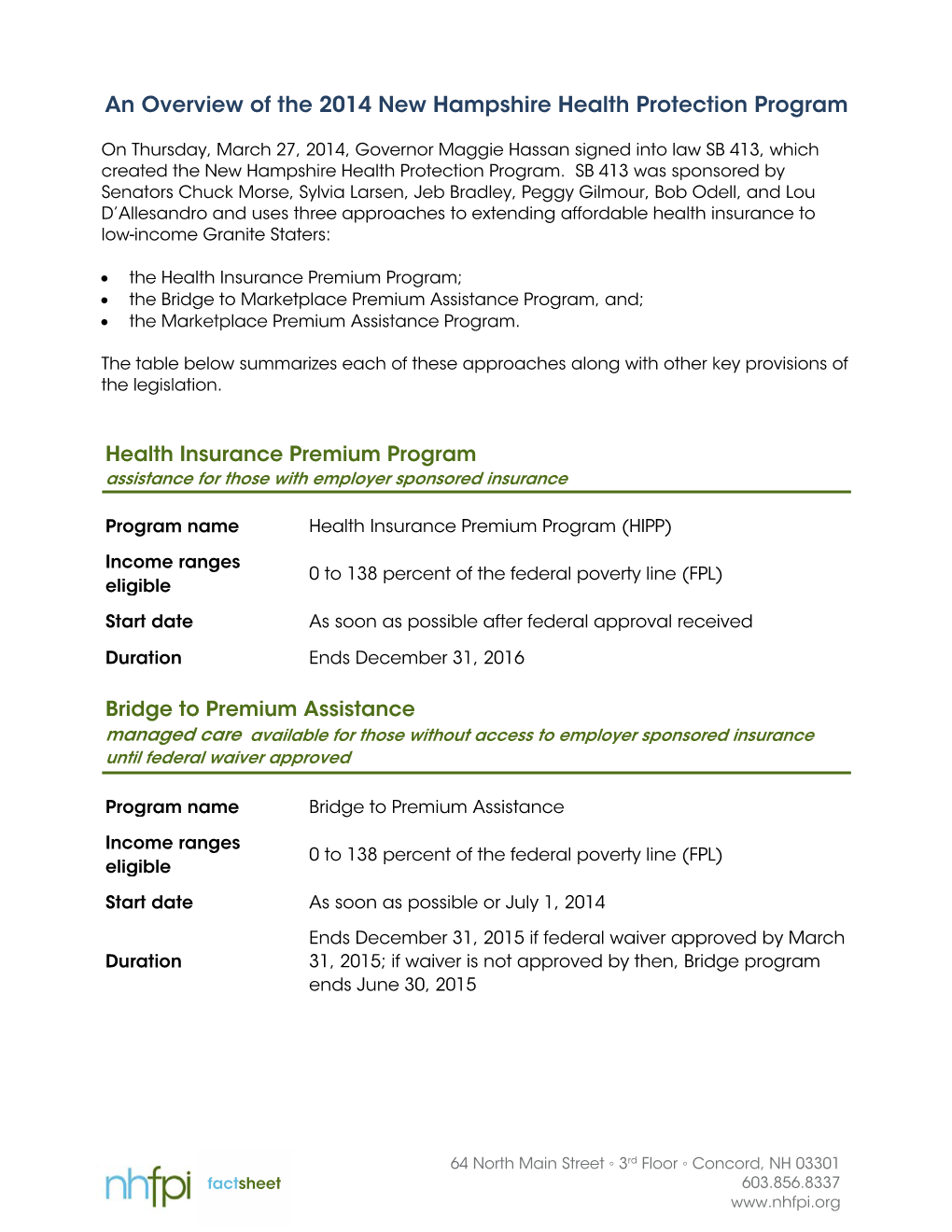 An Overview of the 2014 New Hampshire Health Protection Program