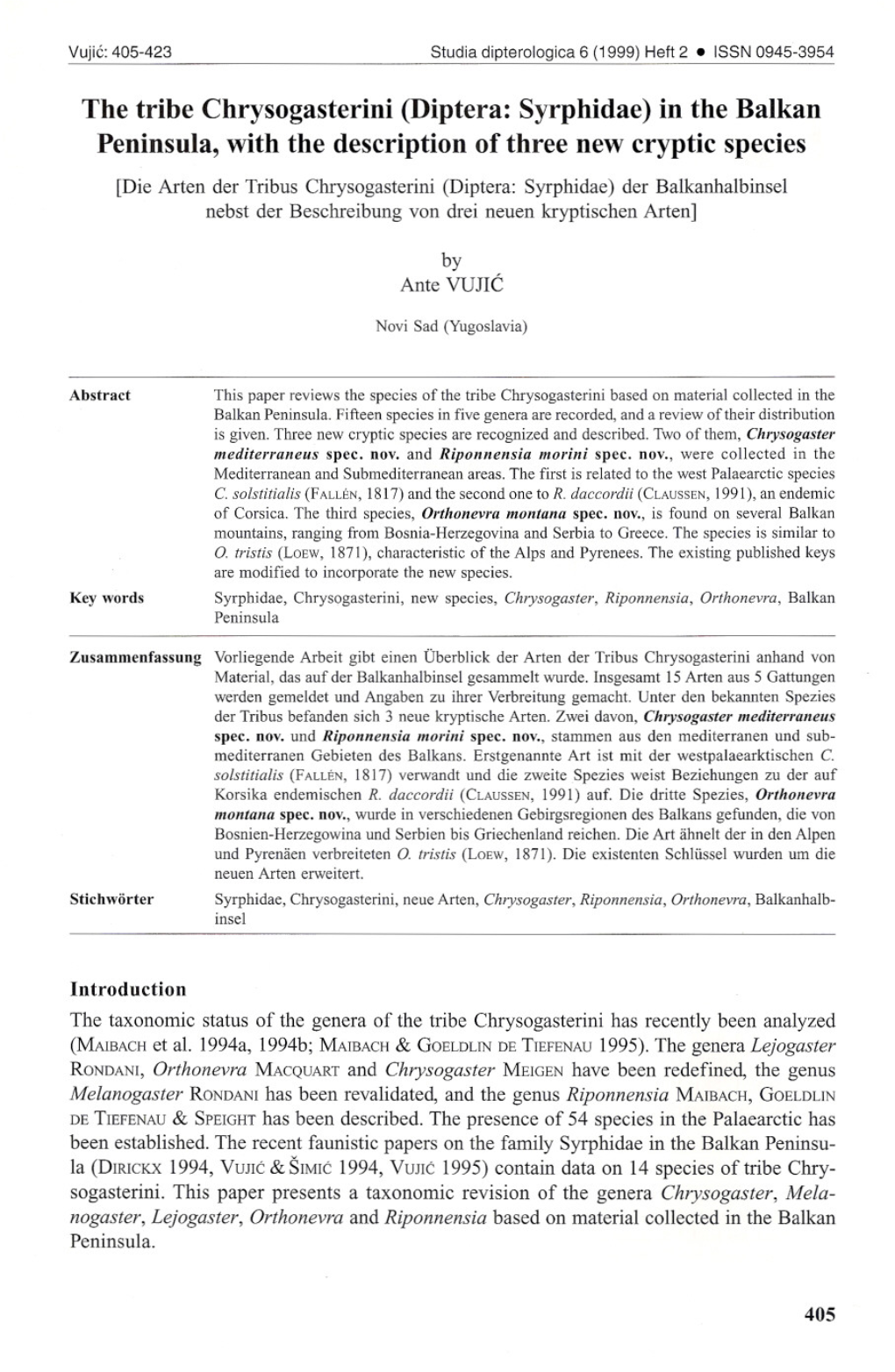 The Tribe Chrysogasterini (Diptera: Syrphidae) in the Balkan Peninsula, with the Description of Three New Cryptic Species