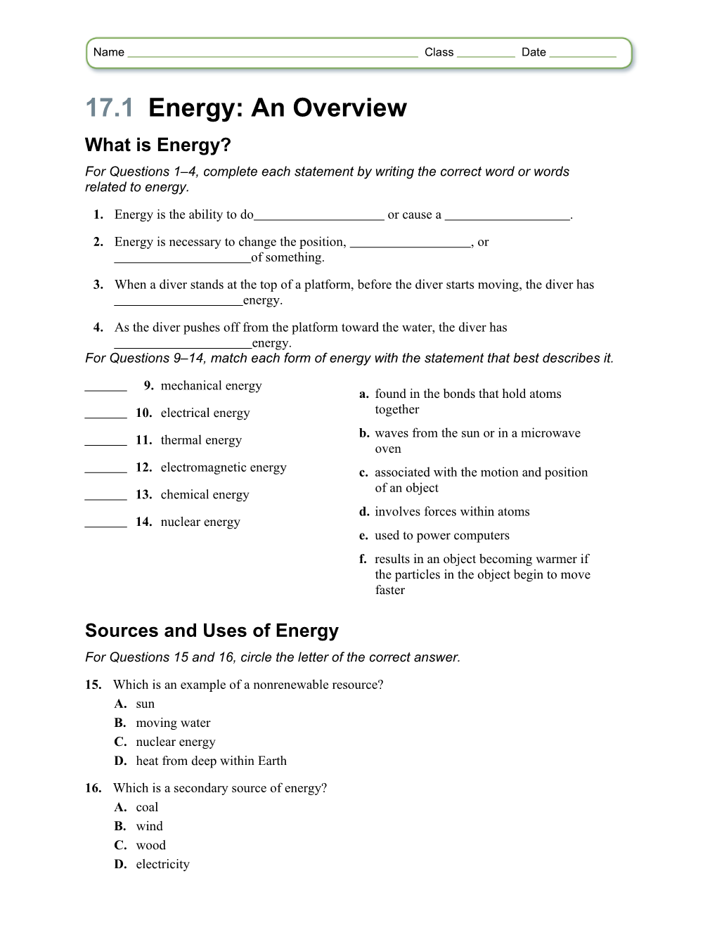 17.1 Energy: an Overview