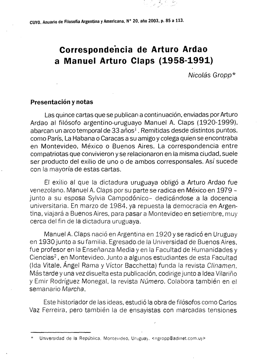 Correspondencia De Arturo Ardao a Manuel Arturo Claps (1958-1991) Nicolás Gropp*