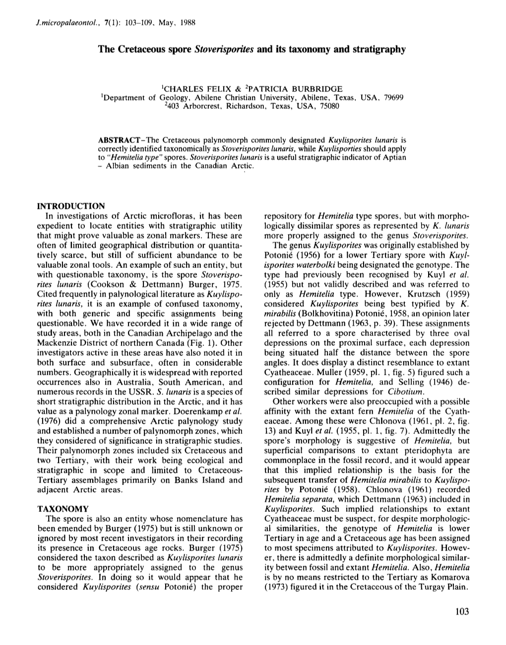 The Cretaceous Spore Stoverisporites and Its Taxonomy and Stratigraphy